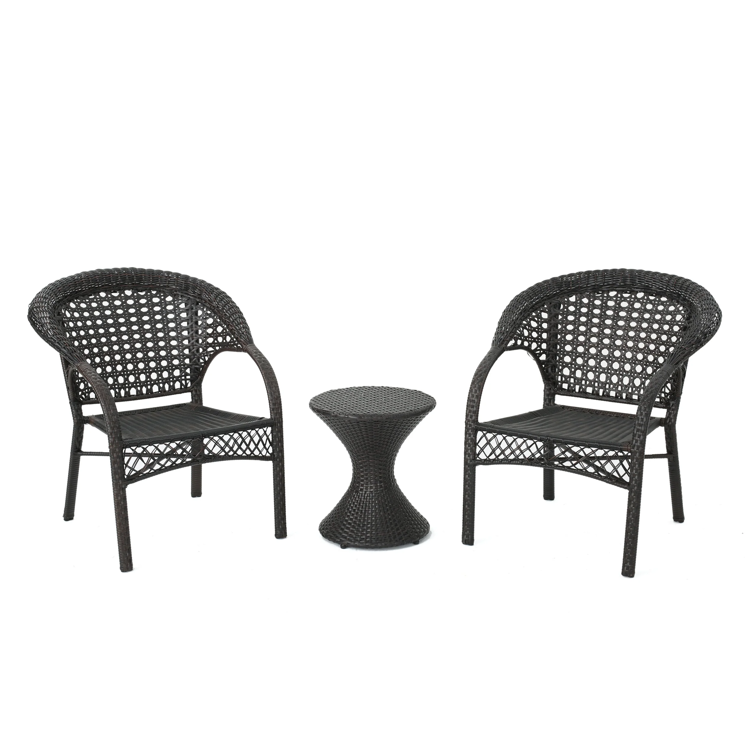Bradley Outdoor 3 Piece Multi-Brown Wicker Chat Set with Stacking Chairs - furnishings