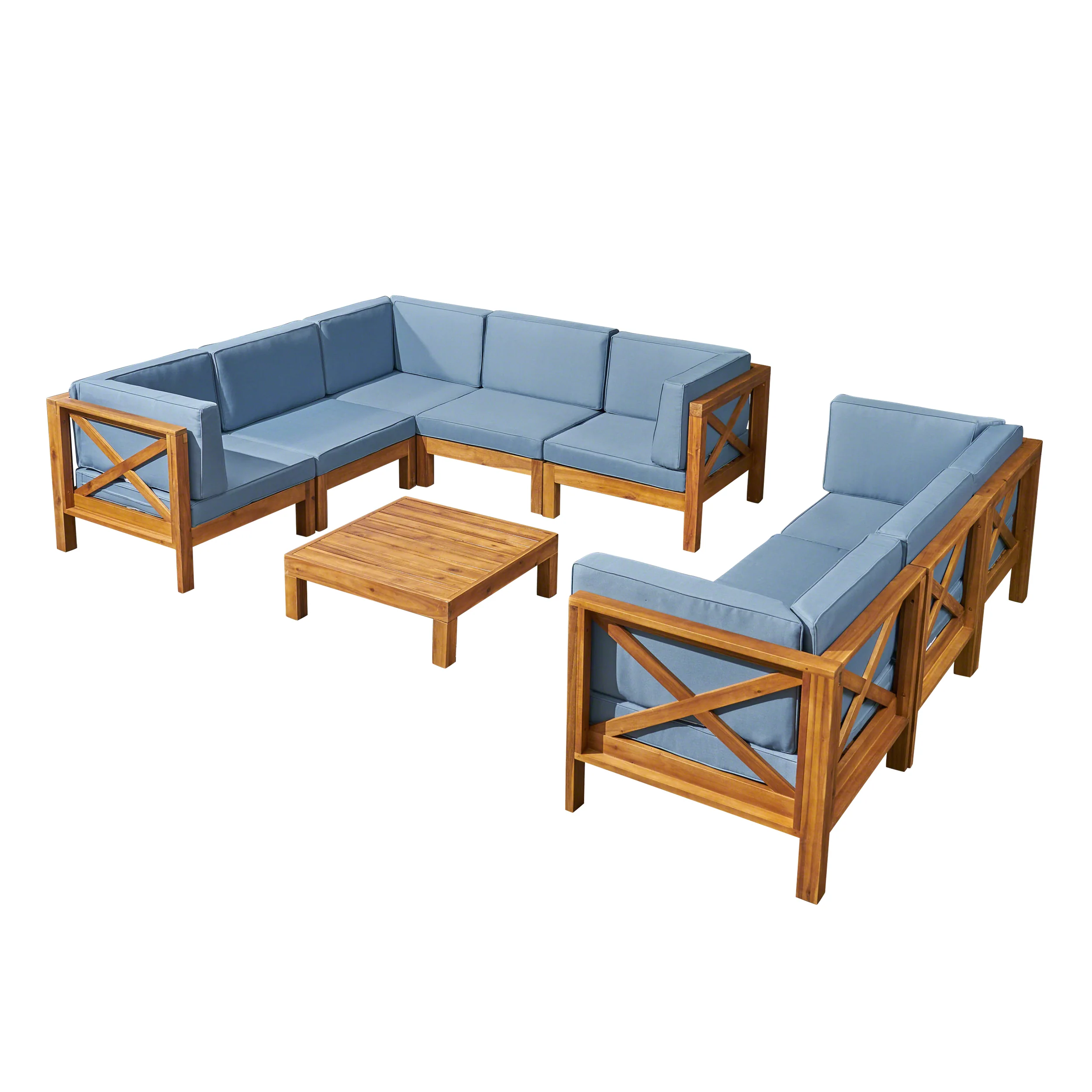 Cynthia Outdoor Acacia Wood 8 Seater Sectional Sofa Set with Coffee Table, Teak, Blue - furnishings
