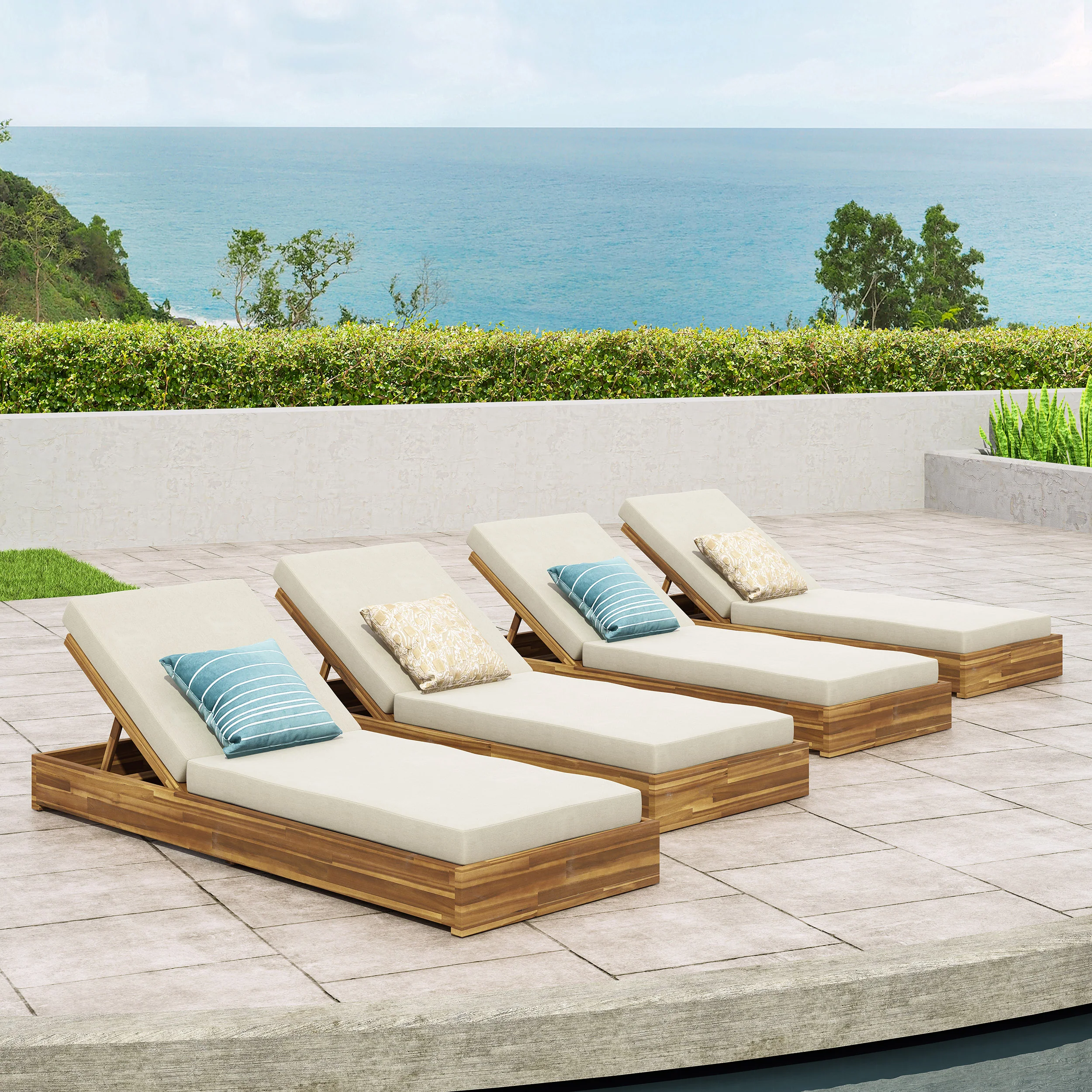 Niyanna Outdoor Acacia Wood Chaise Lounge with Cushion (Set of 4) - furnishings