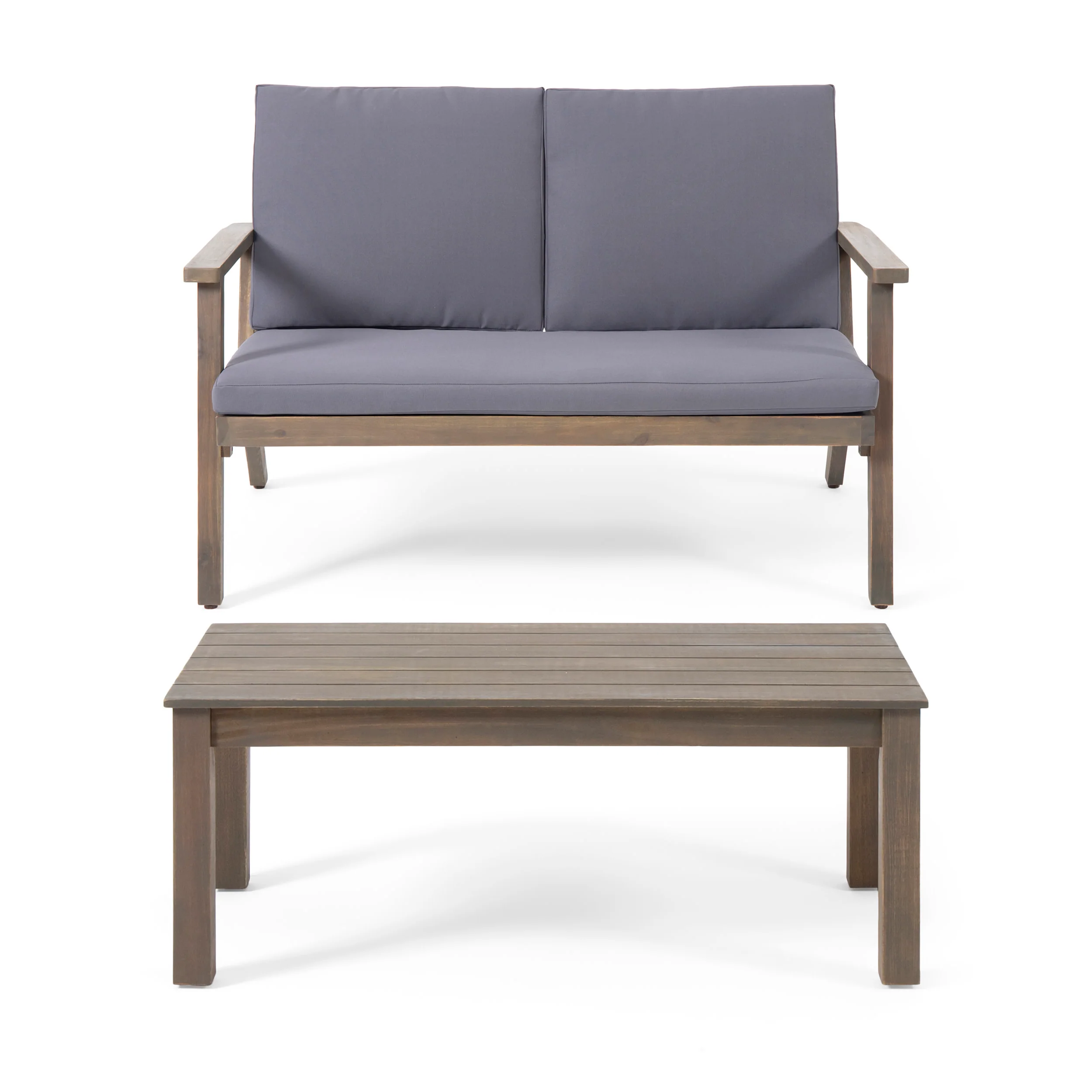 Avacyn Outdoor Acacia Wood Loveseat and Coffee Table Set with Cushions, Gray, Dark Gray - furnishings