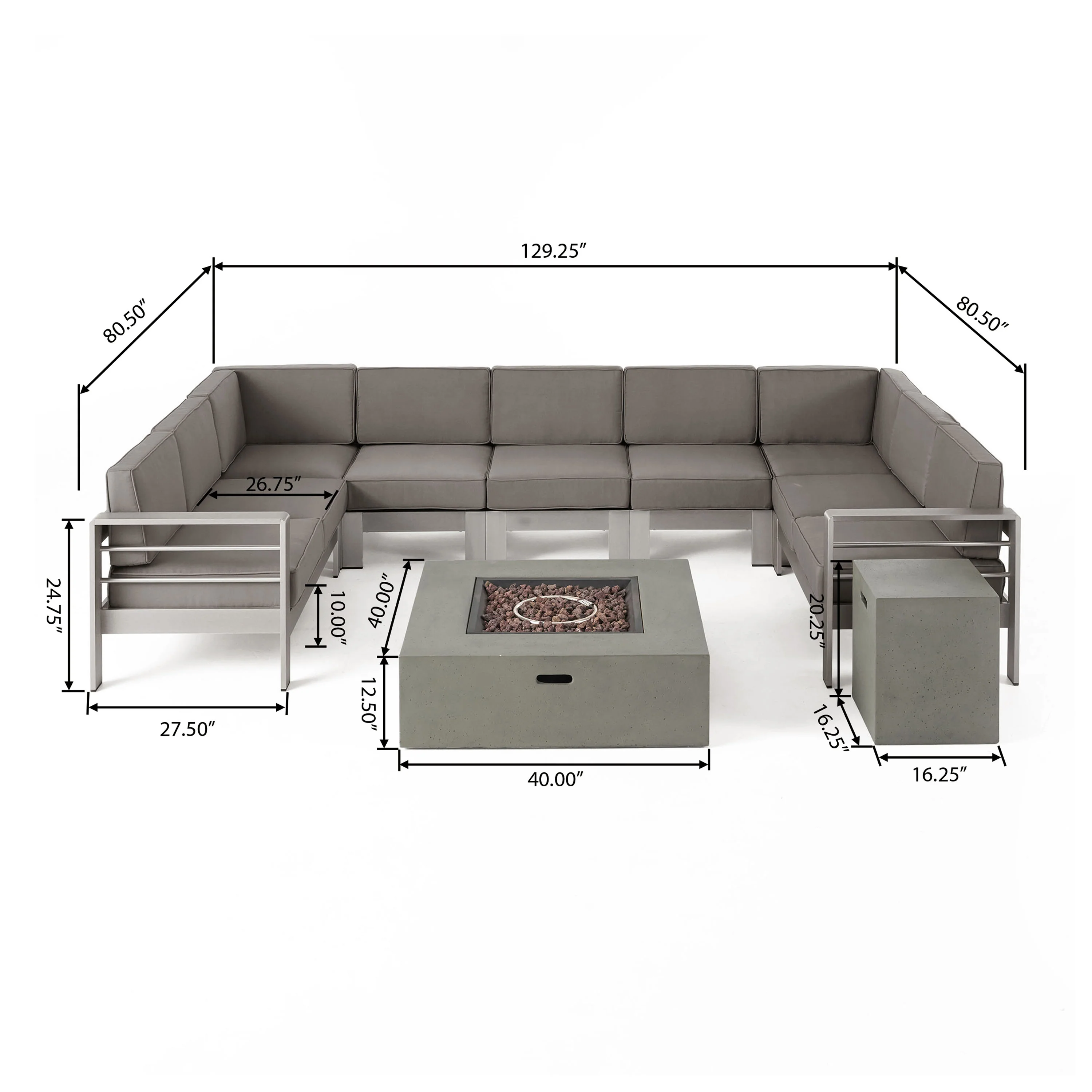 Denise Outdoor 9 Seater Aluminum U-Shaped Sofa Sectional and Fire Pit Set - furnishings