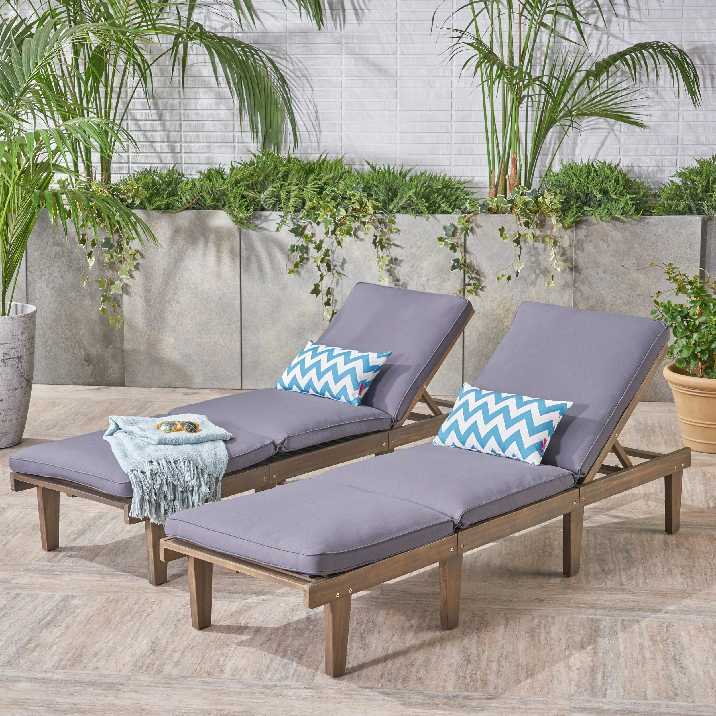 Alisa Outdoor Acacia Wood Chaise Lounge with Cushion, Gray and Dark Gray - furnishings
