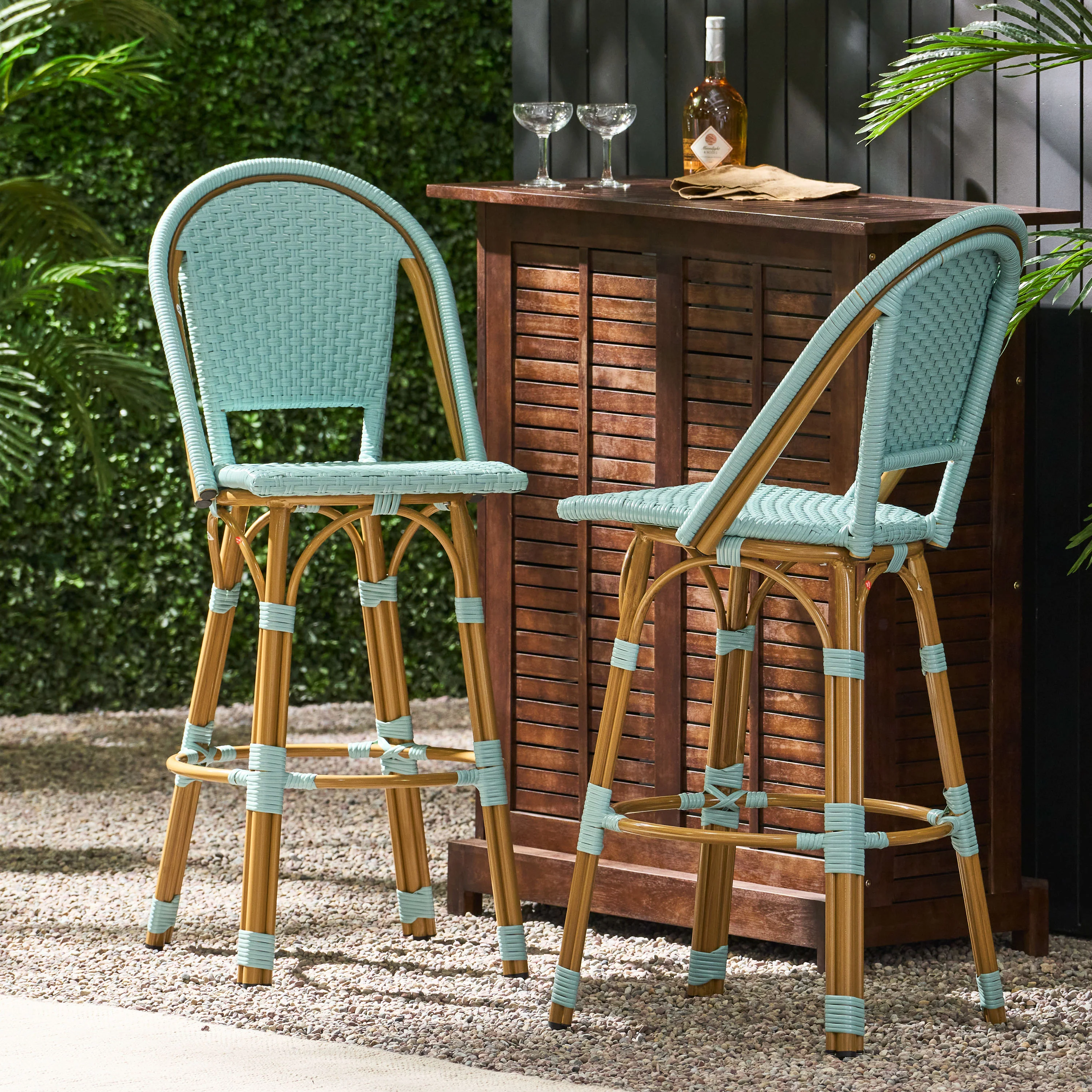 Cotterell Outdoor French Wicker and Aluminum 29.5 Inch Barstools, Set of 2 - furnishings