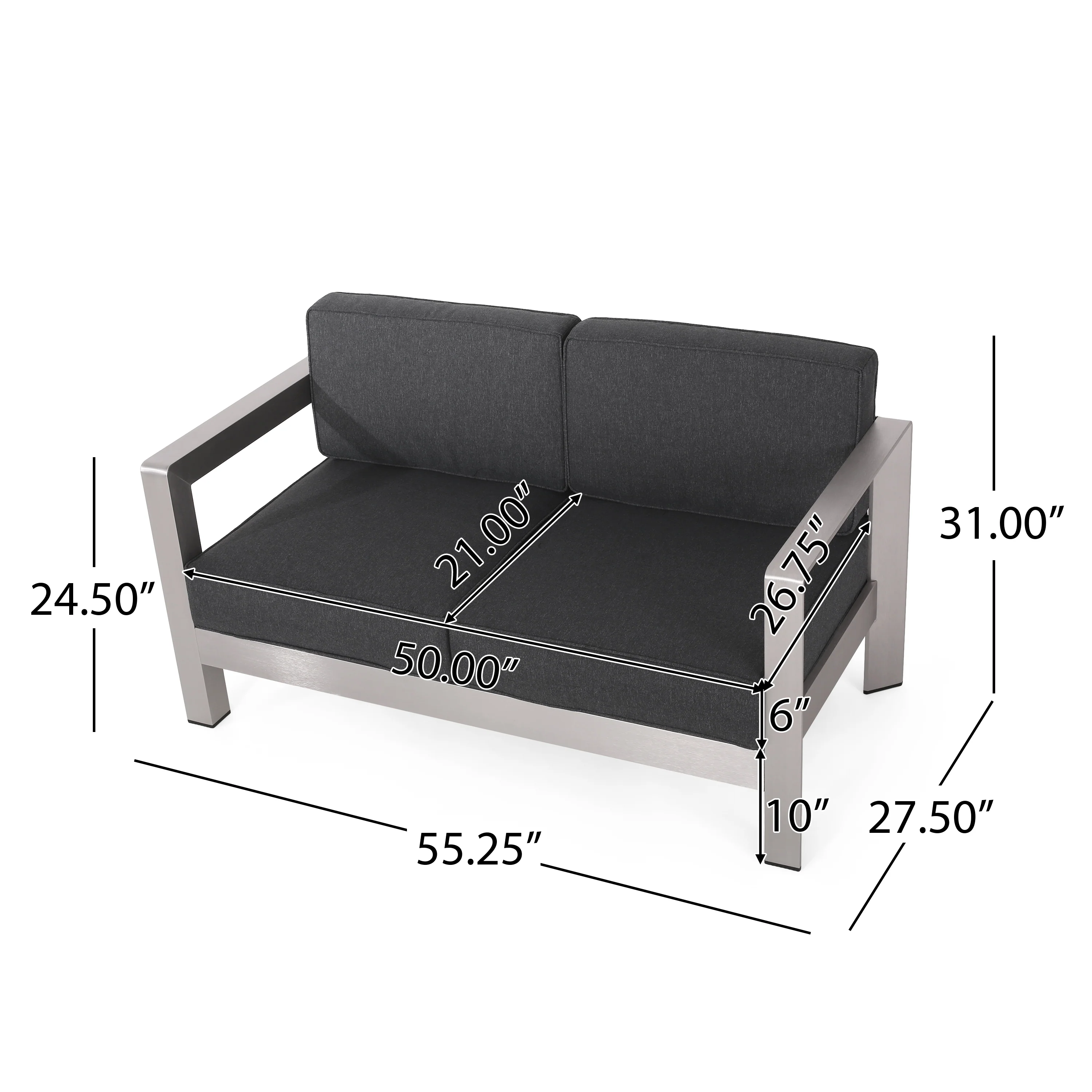Alec Outdoor Aluminum Loveseat and Tempered Glass-Topped Coffee Table, Silver and Gray - furnishings