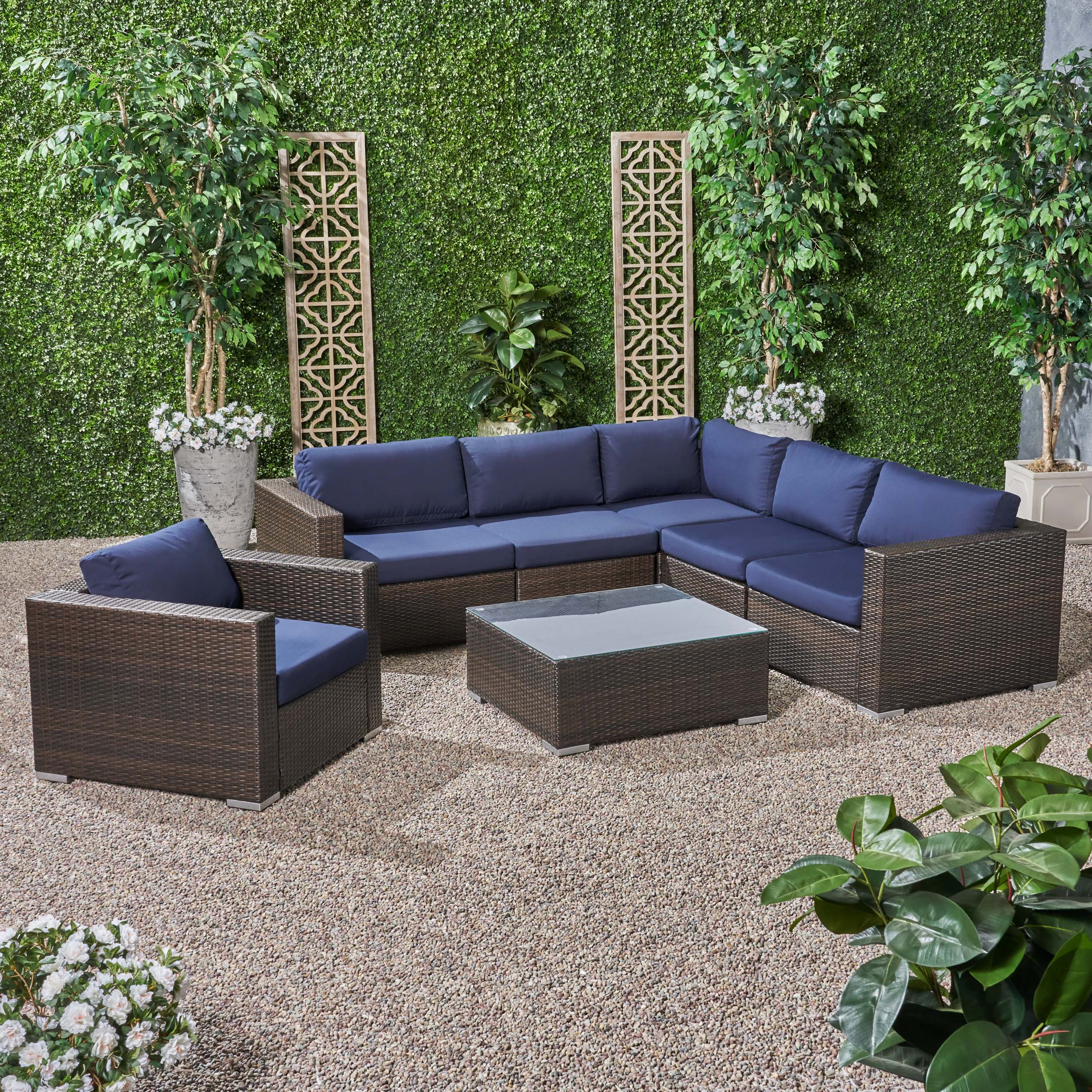 Kyra Outdoor 6 Seater Wicker Sectional Sofa Set with Sunbrella Cushions - furnishings