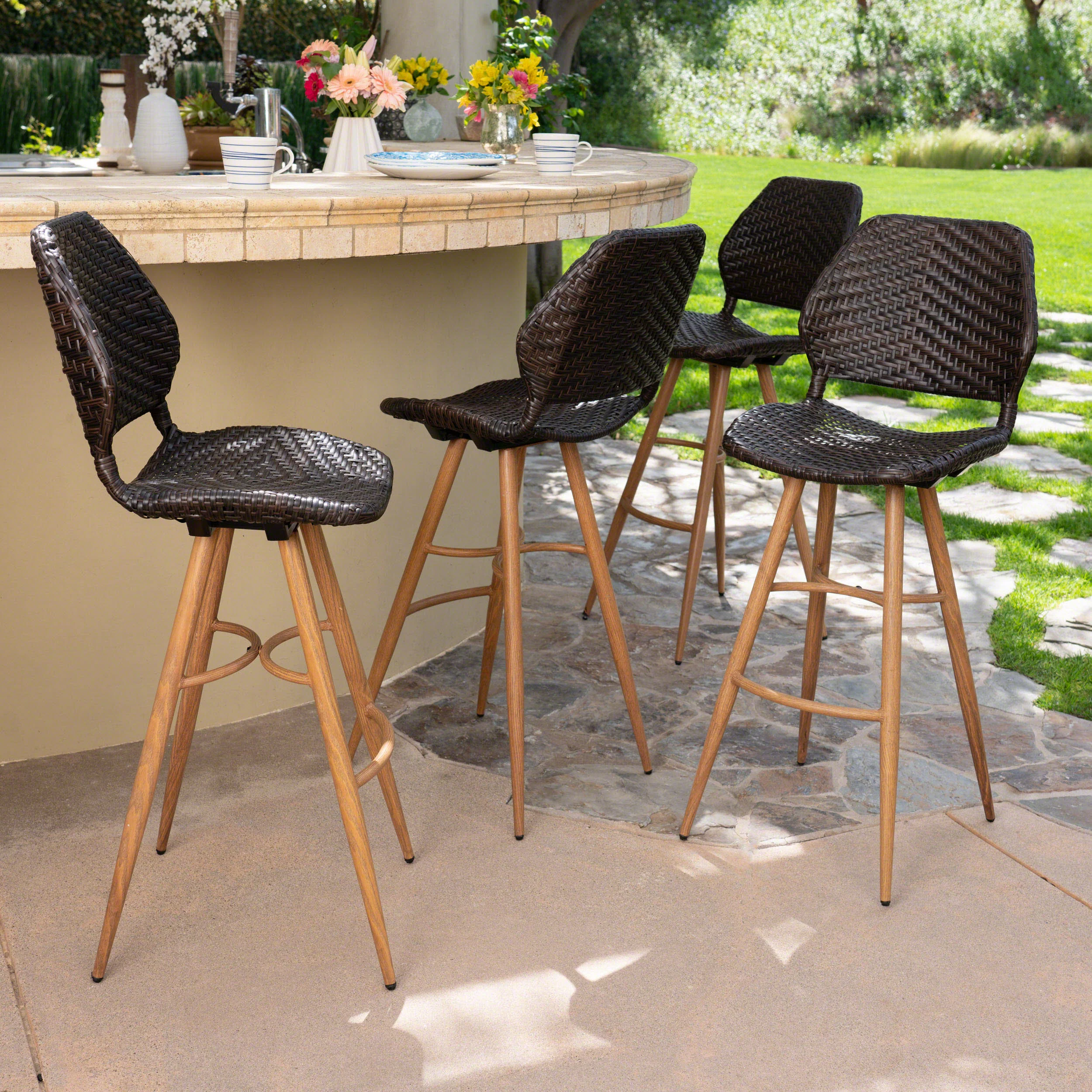 Amaya Outdoor Multi-brown Wicker Barstools with Brown Wood Finish Metal Leg - furnishings