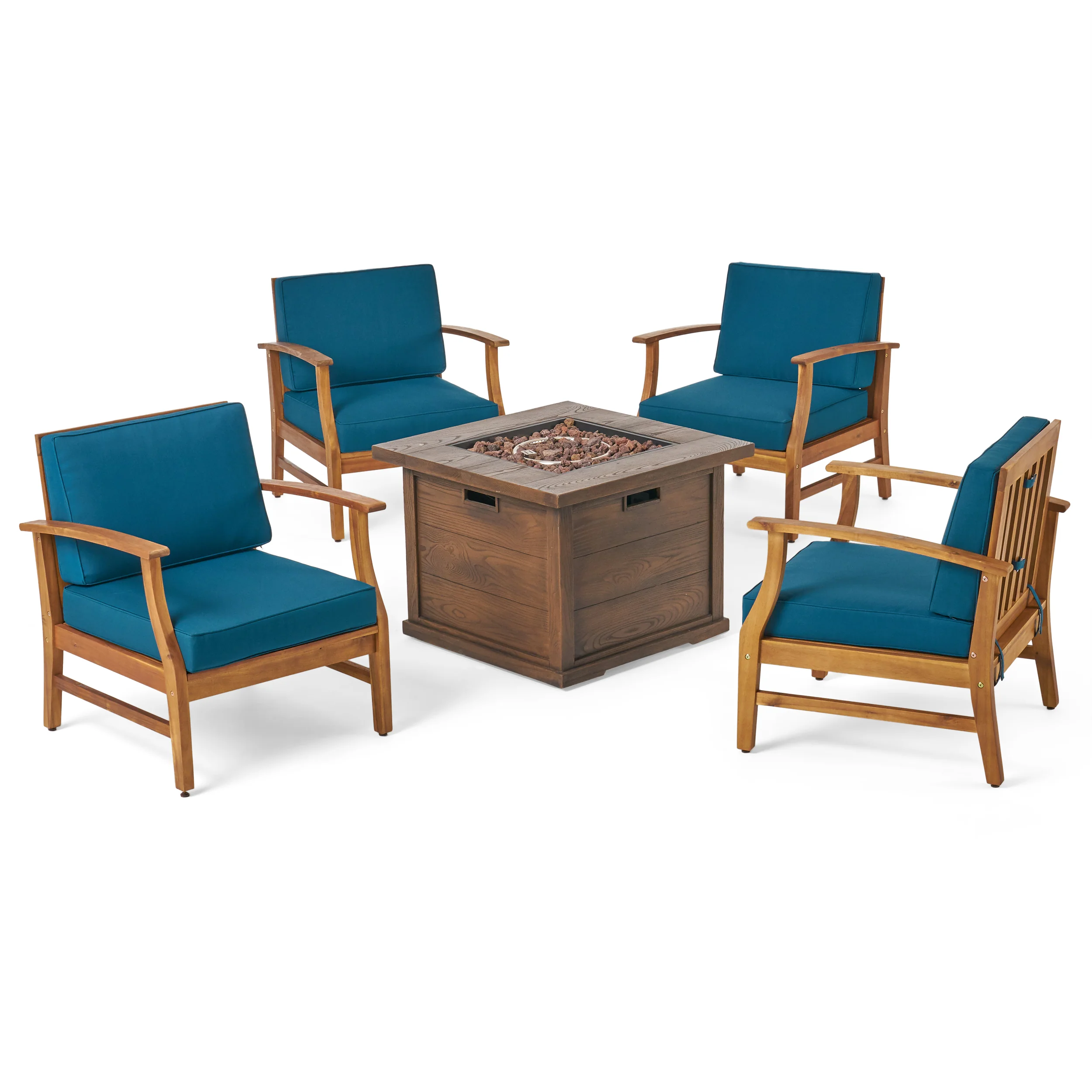 Lilith Outdoor 4 Seat Teak Finished Acacia Wood Club Chairs Fire Pit Chat Set - furnishings
