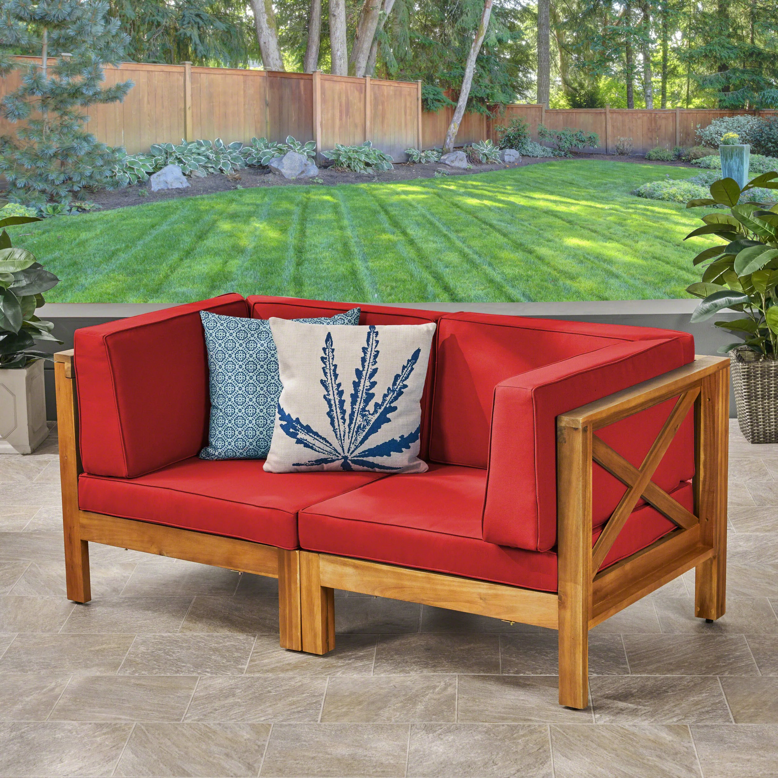 Brava Outdoor Modular Acacia Wood Loveseat with Cushions - furnishings