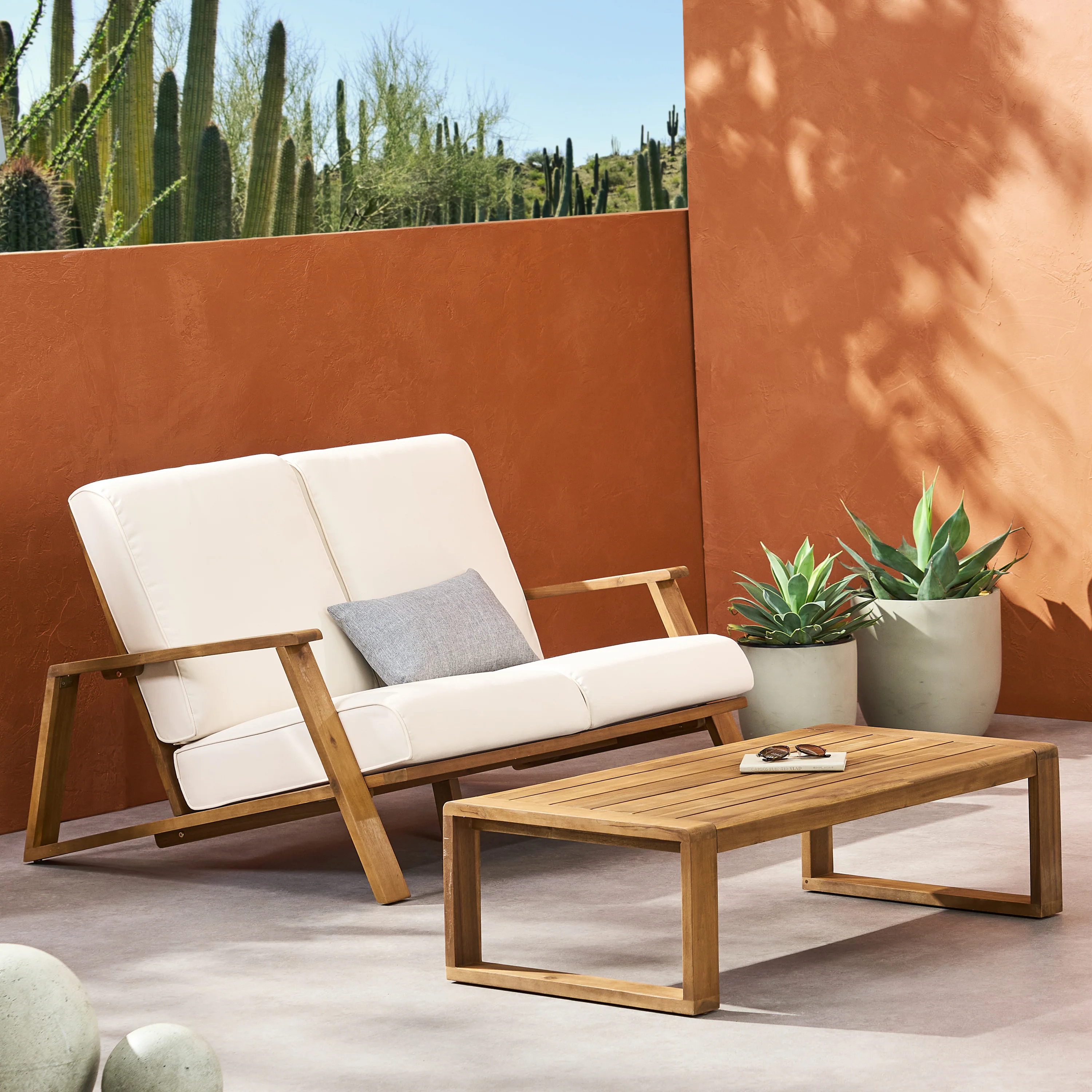 Youssef Outdoor Acacia Wood Loveseat Set with Coffee Table - furnishings