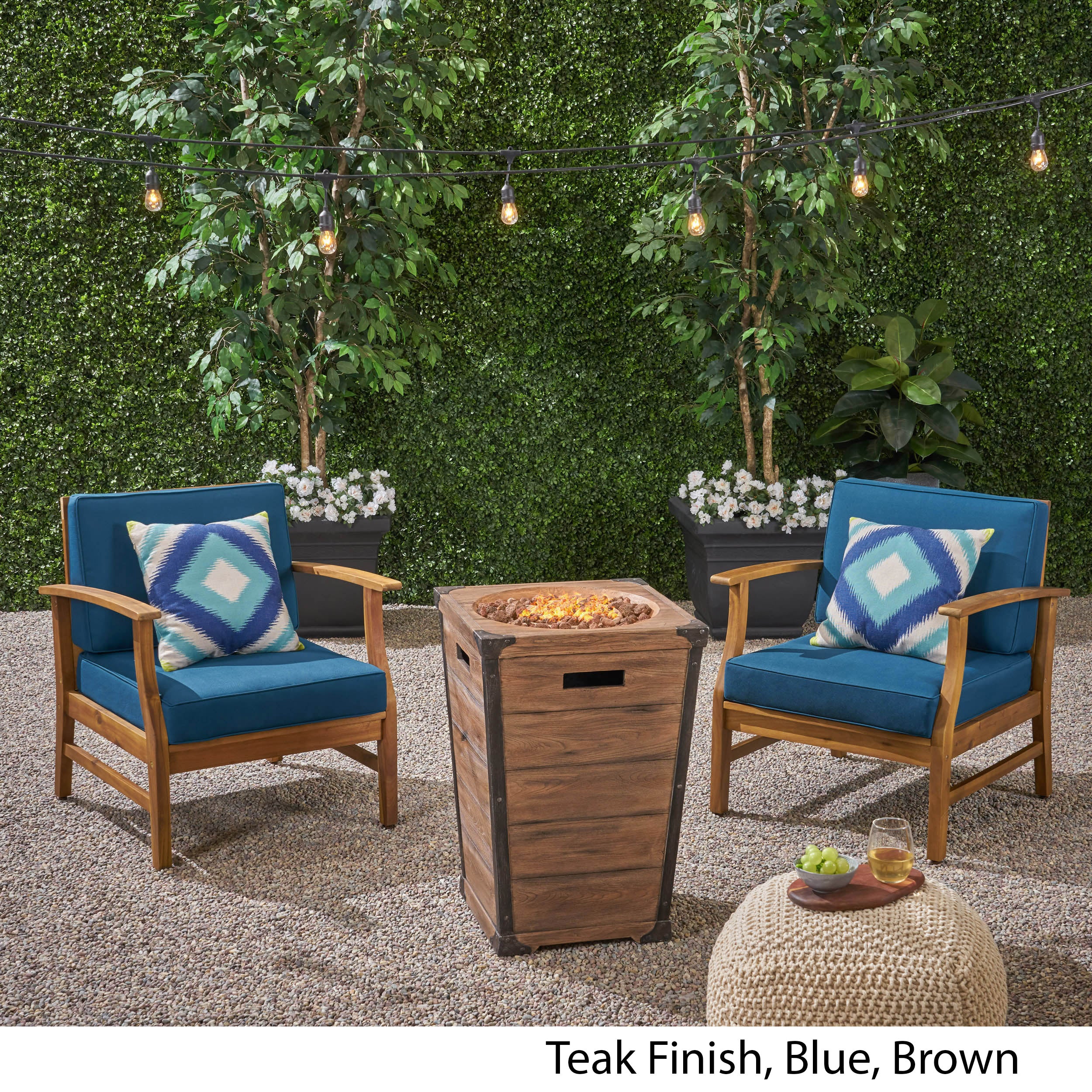 Capri Outdoor 2 Piece Acacia Wood Club Chair Set with Cushions and Fire Column - furnishings