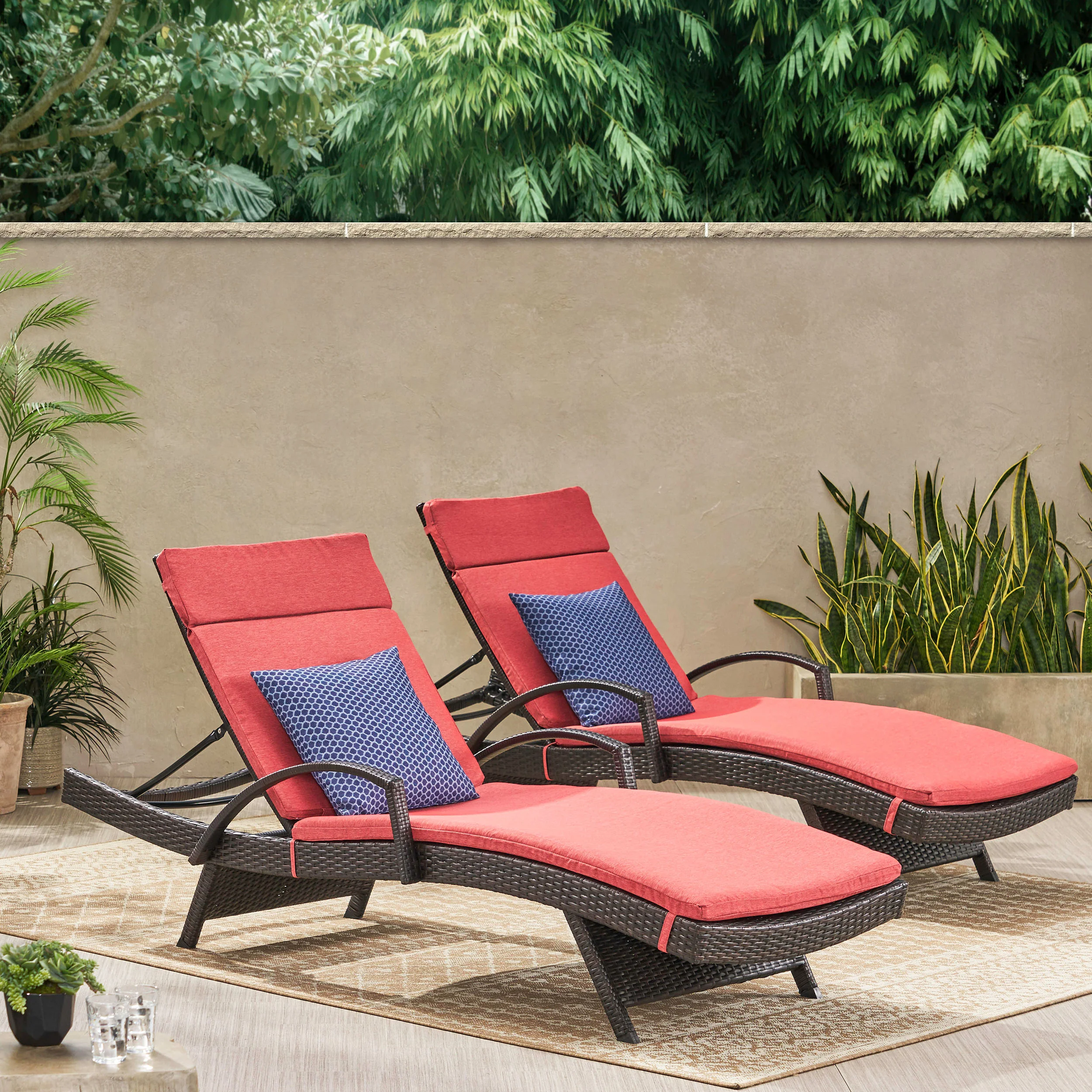 Lakeport Outdoor Wicker Armed Chaise Lounge Chairs w/ Cushions (set of 2) - furnishings