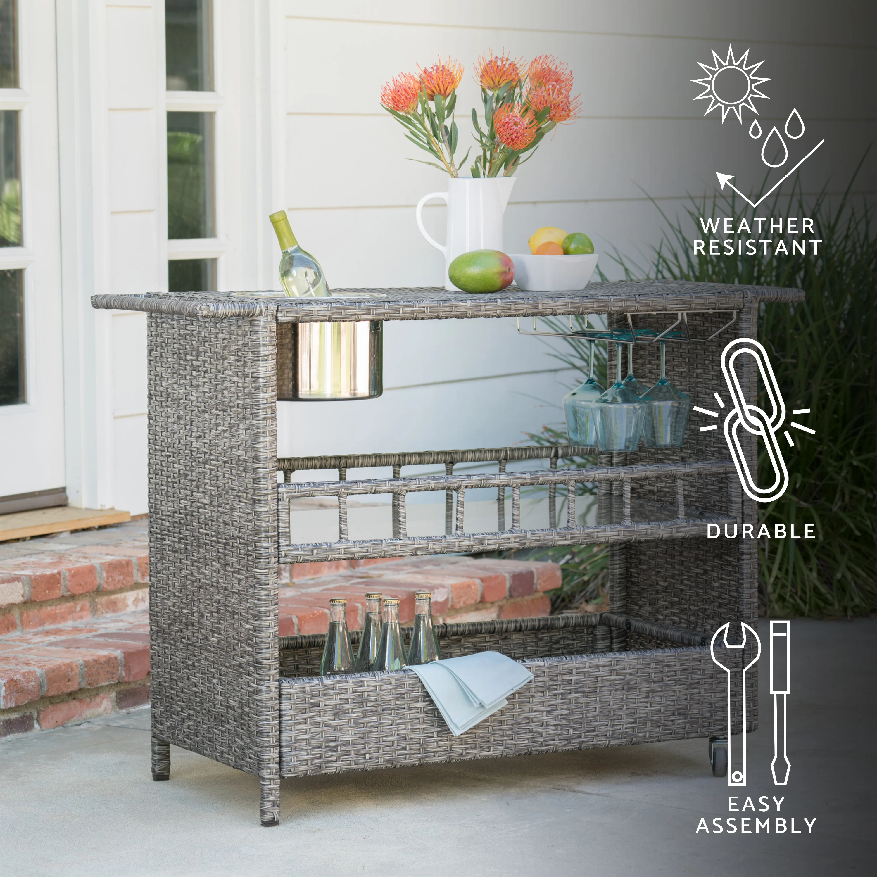 Waikiki Outdoor Fine Crafted Mixed Black Wicker Bar Serving Cart - furnishings
