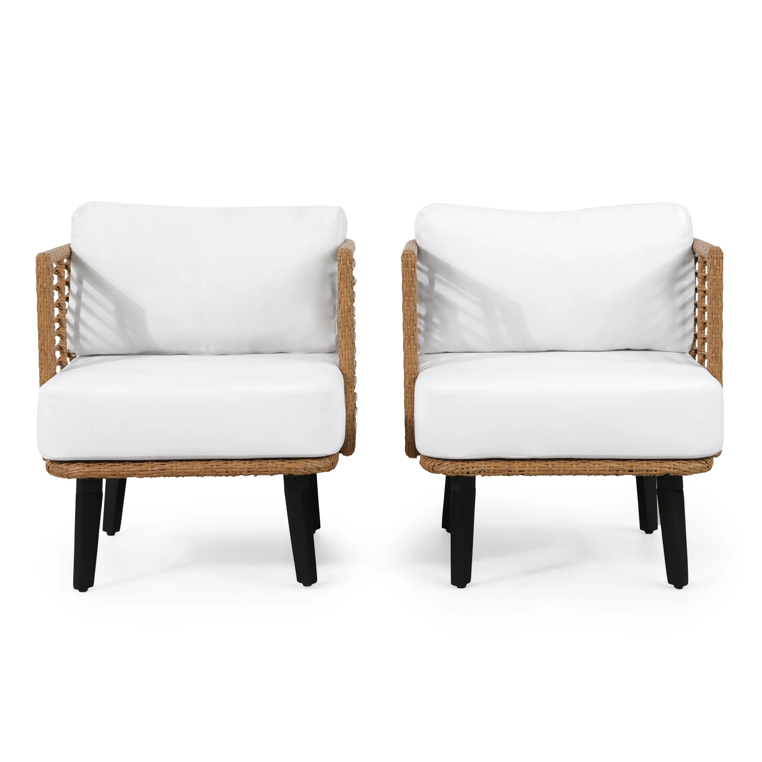 Rauser Outdoor Wicker Club Chair with Water Resistant Cushion, Set of 2, Light Brown and White - furnishings