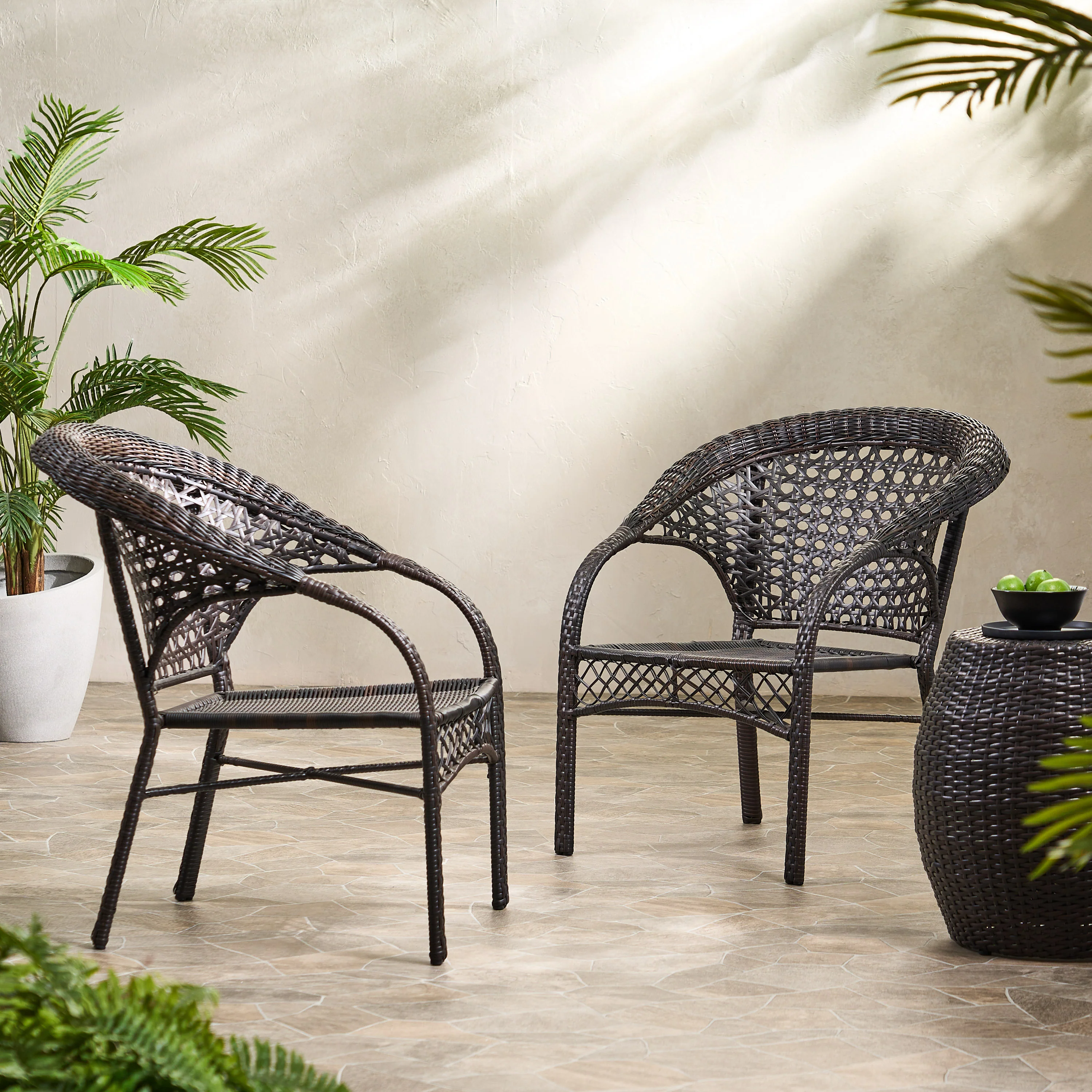 Lester Outdoor 3-Piece Multi-Brown Wicker Chat Set with Drum Table - furnishings
