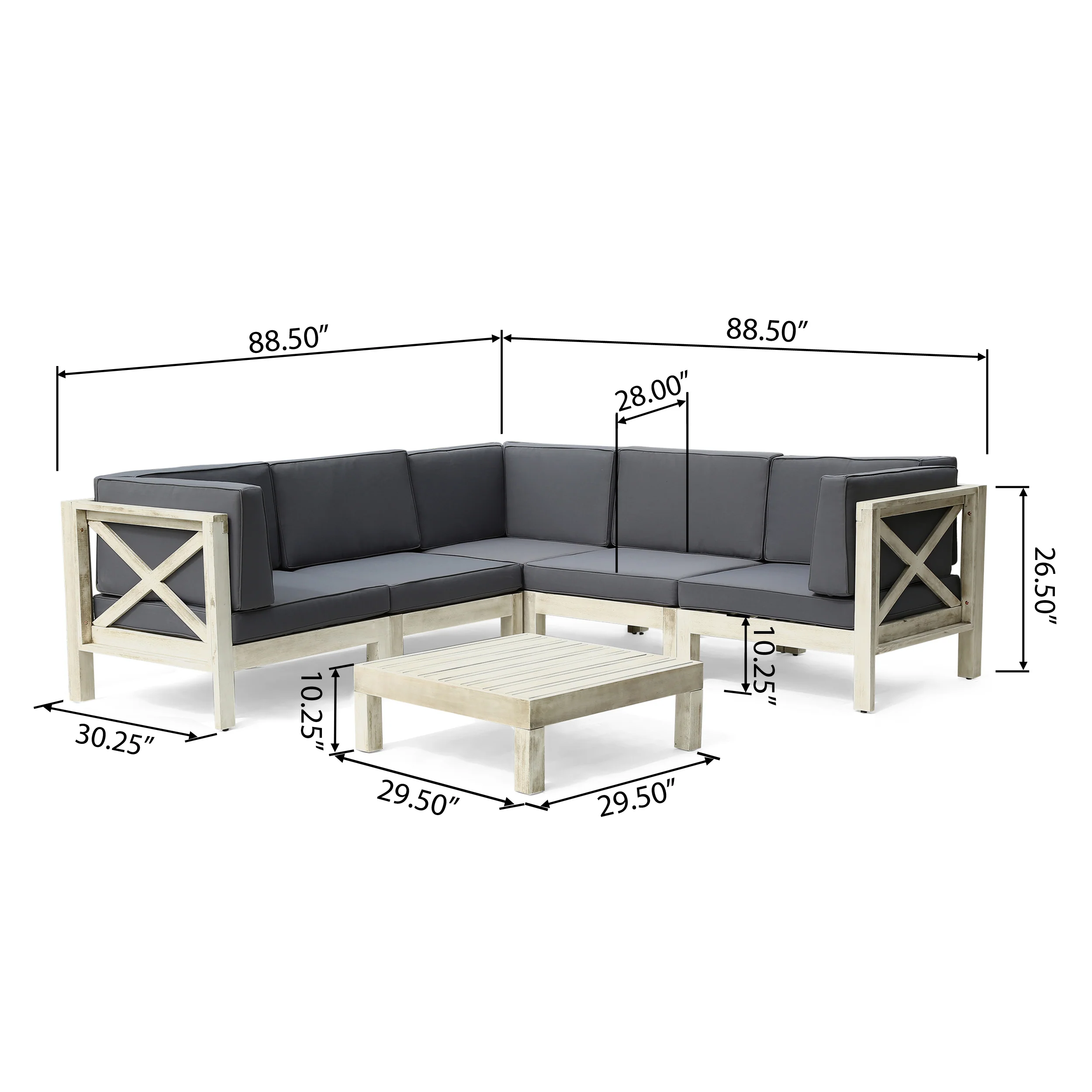 Brava Outdoor 5-Seater Gray Acacia Wood Sectional Sofa Set with Coffee Table - furnishings