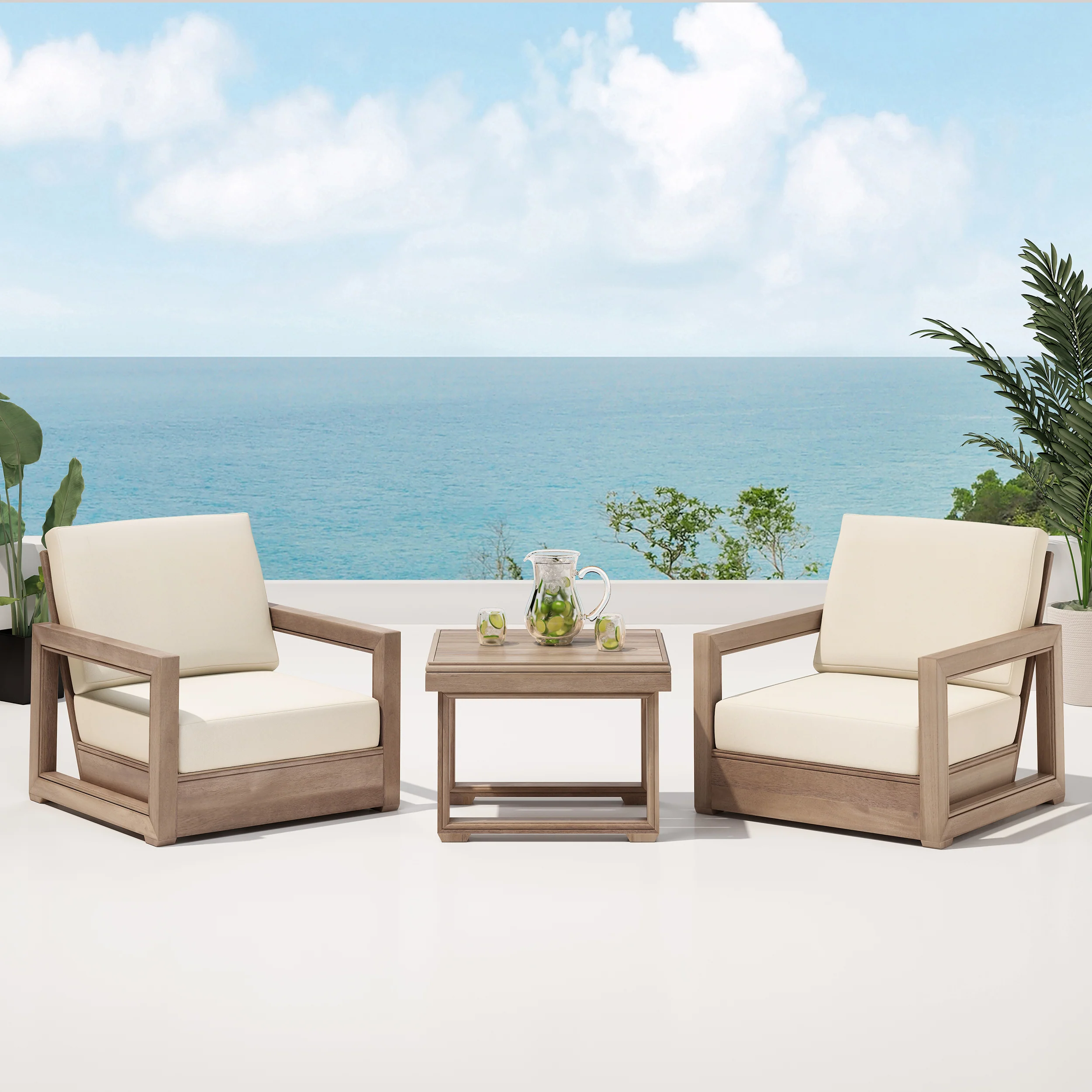 Andrae Outdoor 3 Piece Acacia Wood Chat Set - furnishings