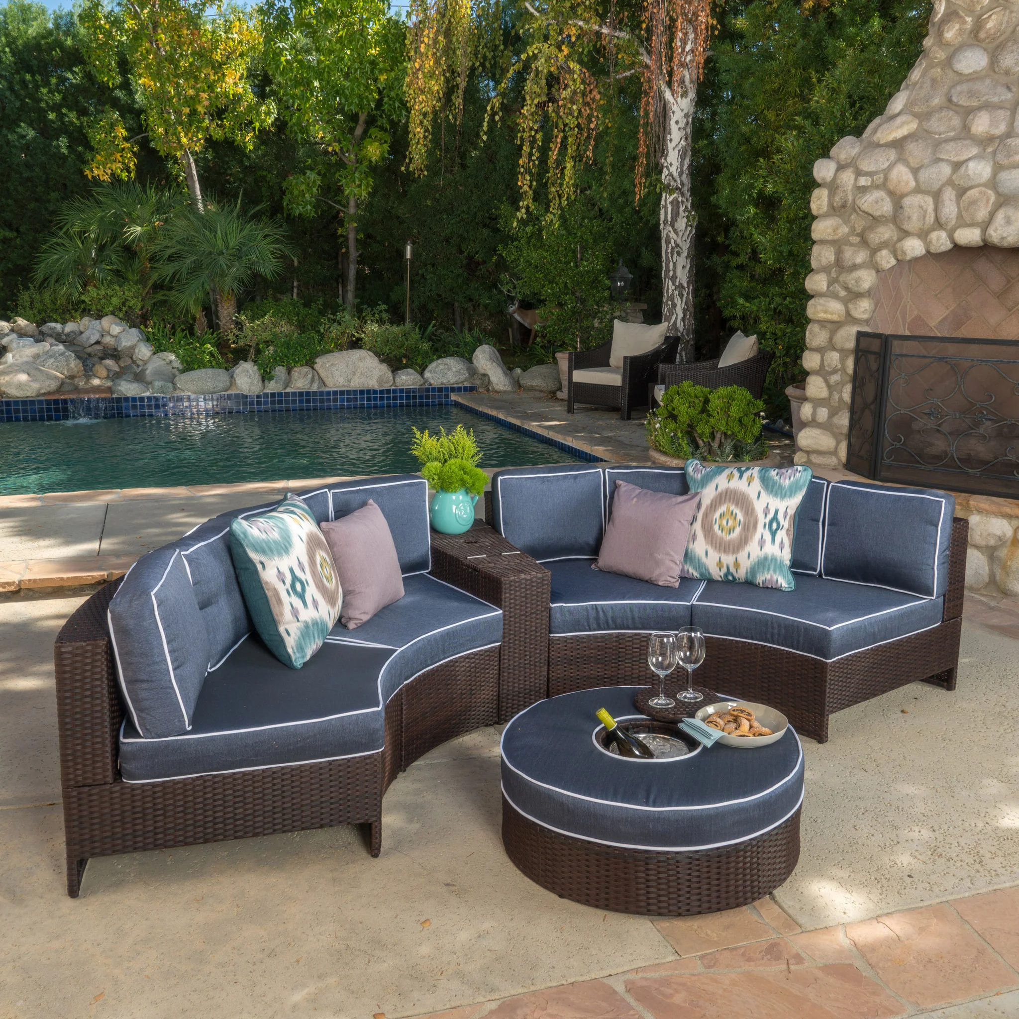 Riviera 6pc Outdoor Sectional Sofa Set w/ Storage Trunk & Ice Bucket - furnishings