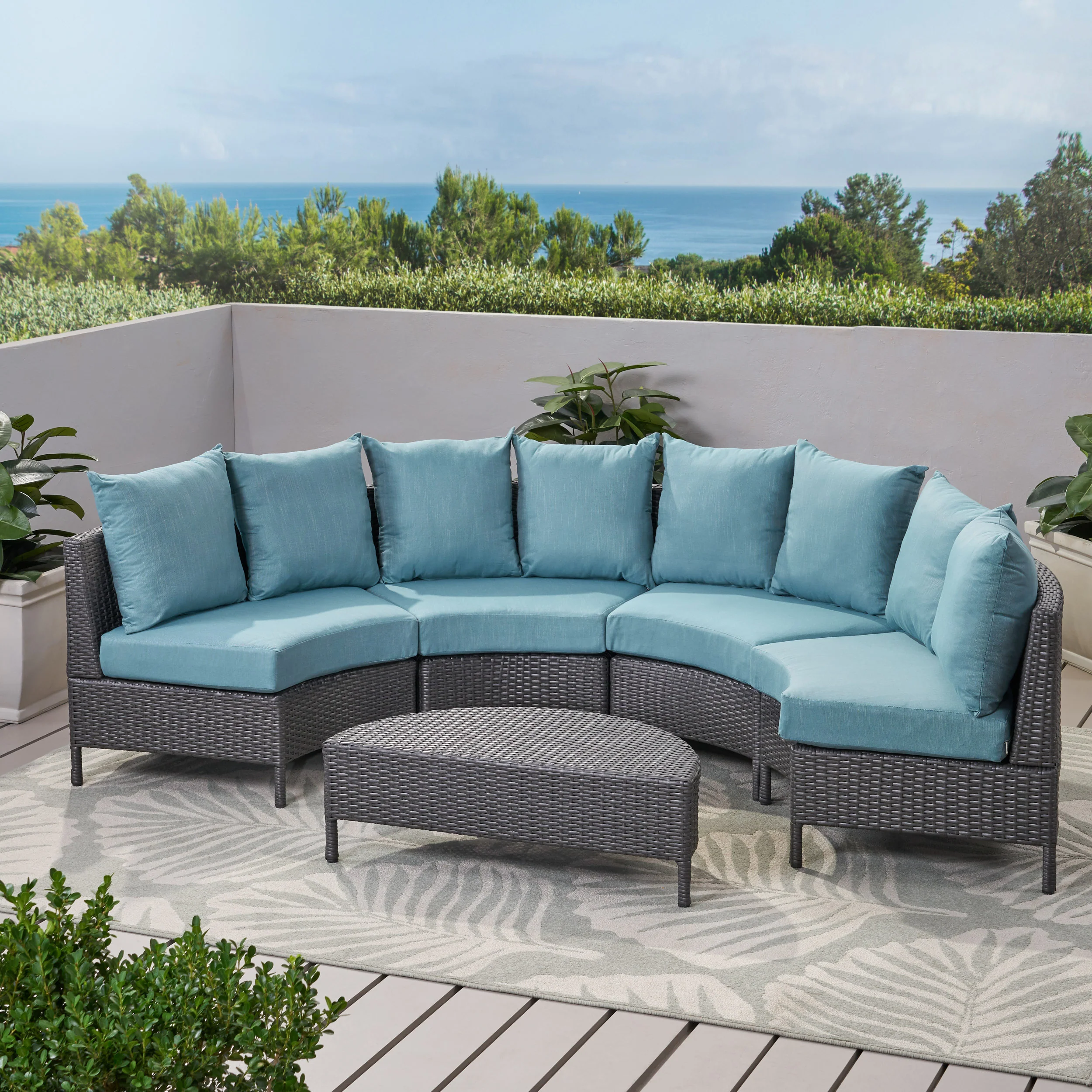 Venice Outdoor 5 Piece Gray Wicker Sectional Sofa Set with Teal Cushions - furnishings
