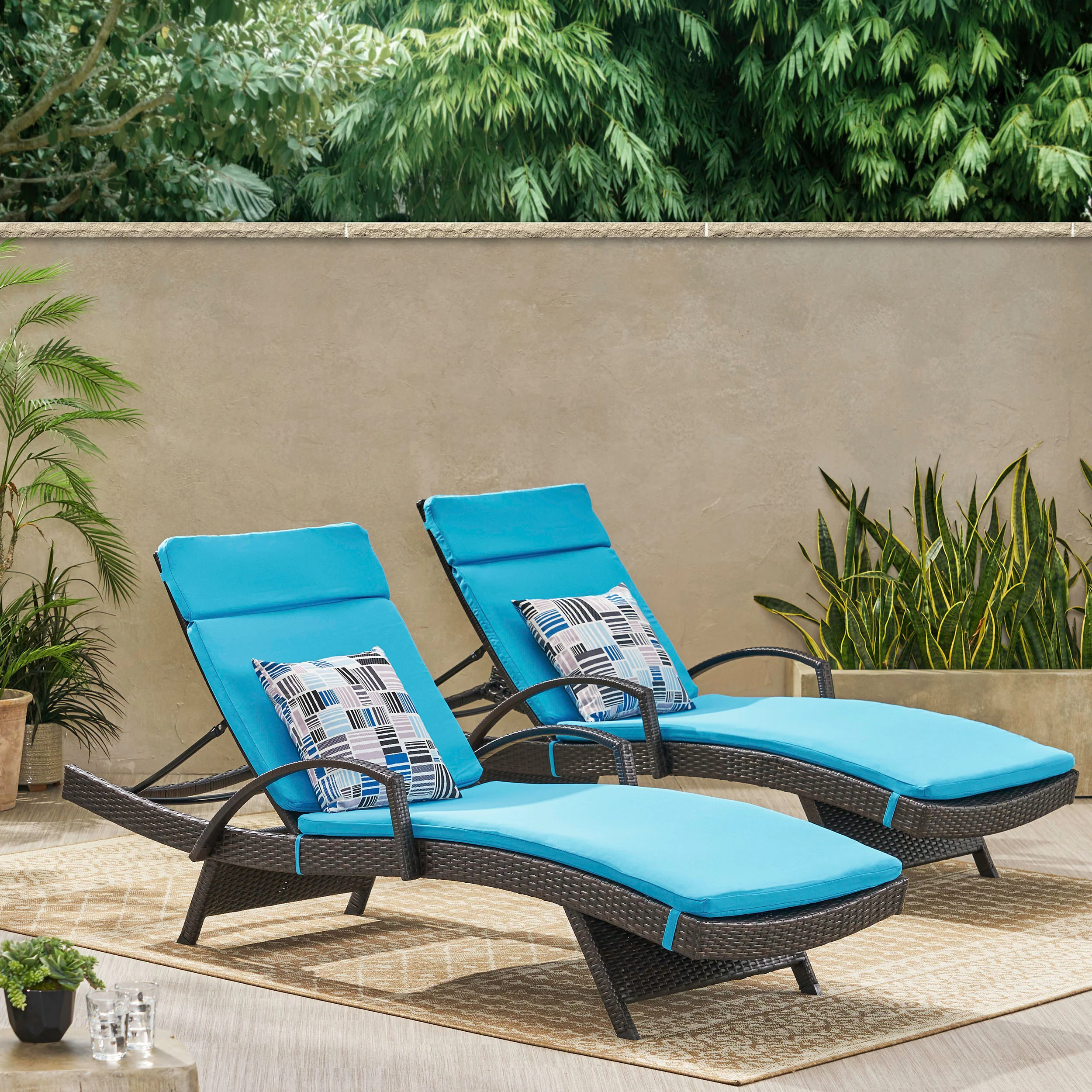 Lakeport Outdoor Wicker Armed Chaise Lounge Chairs w/ Cushions (set of 2) - furnishings
