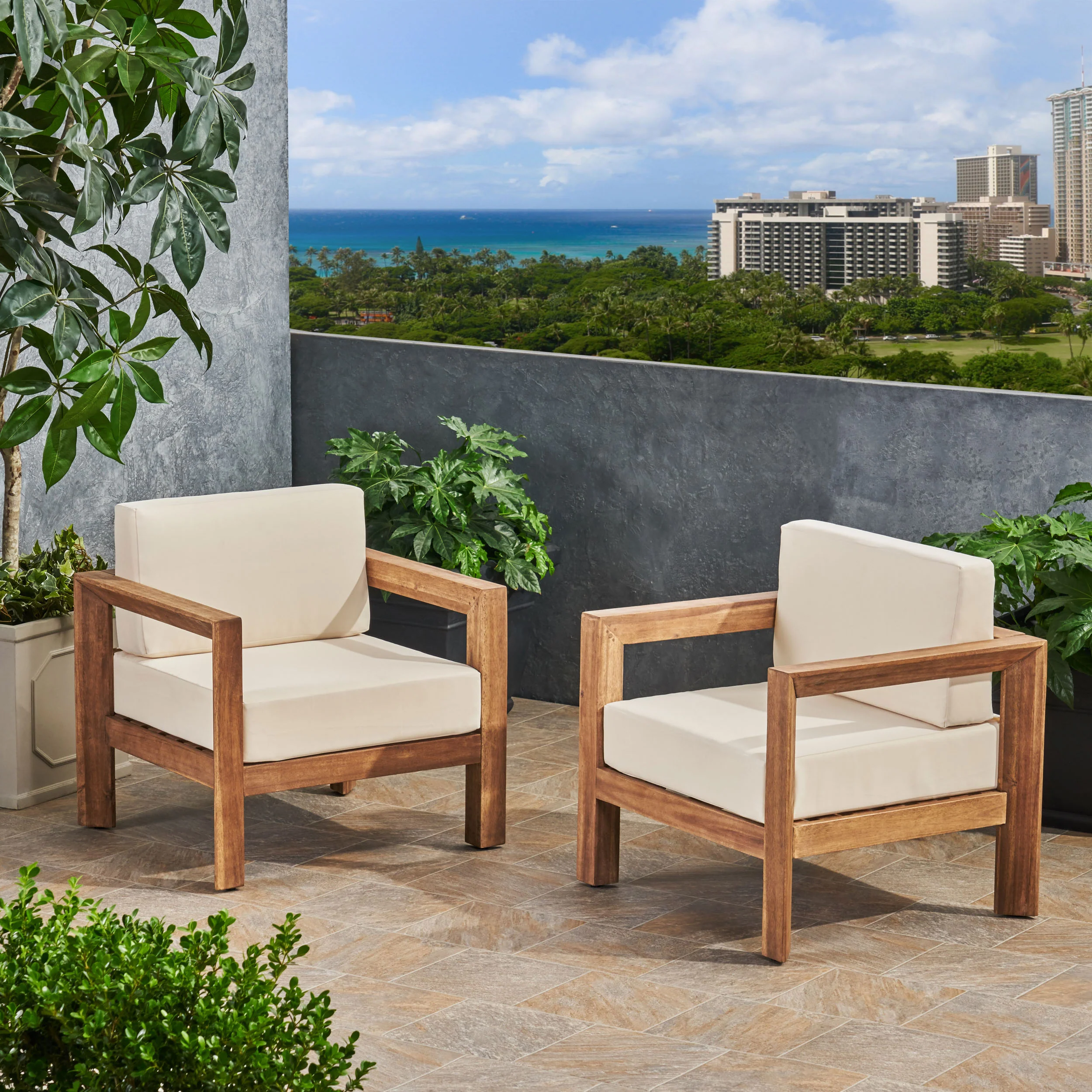 Lucia Outdoor Wooden Club Chairs with Cushions (Set of 2), Beige and Brown Finish - furnishings