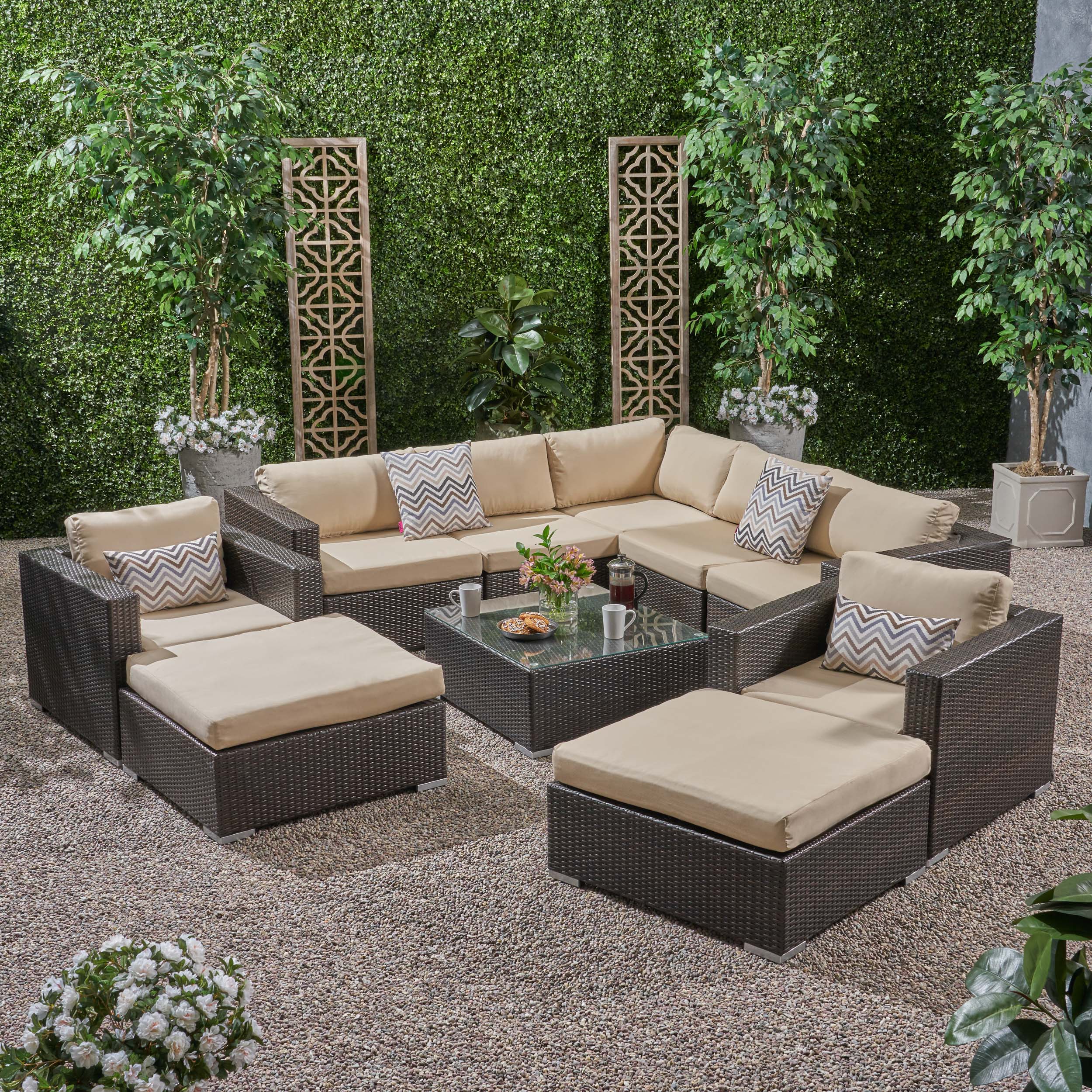 Kyra Outdoor 7 Seater Wicker Sectional Sofa Set with Sunbrella Cushions - furnishings