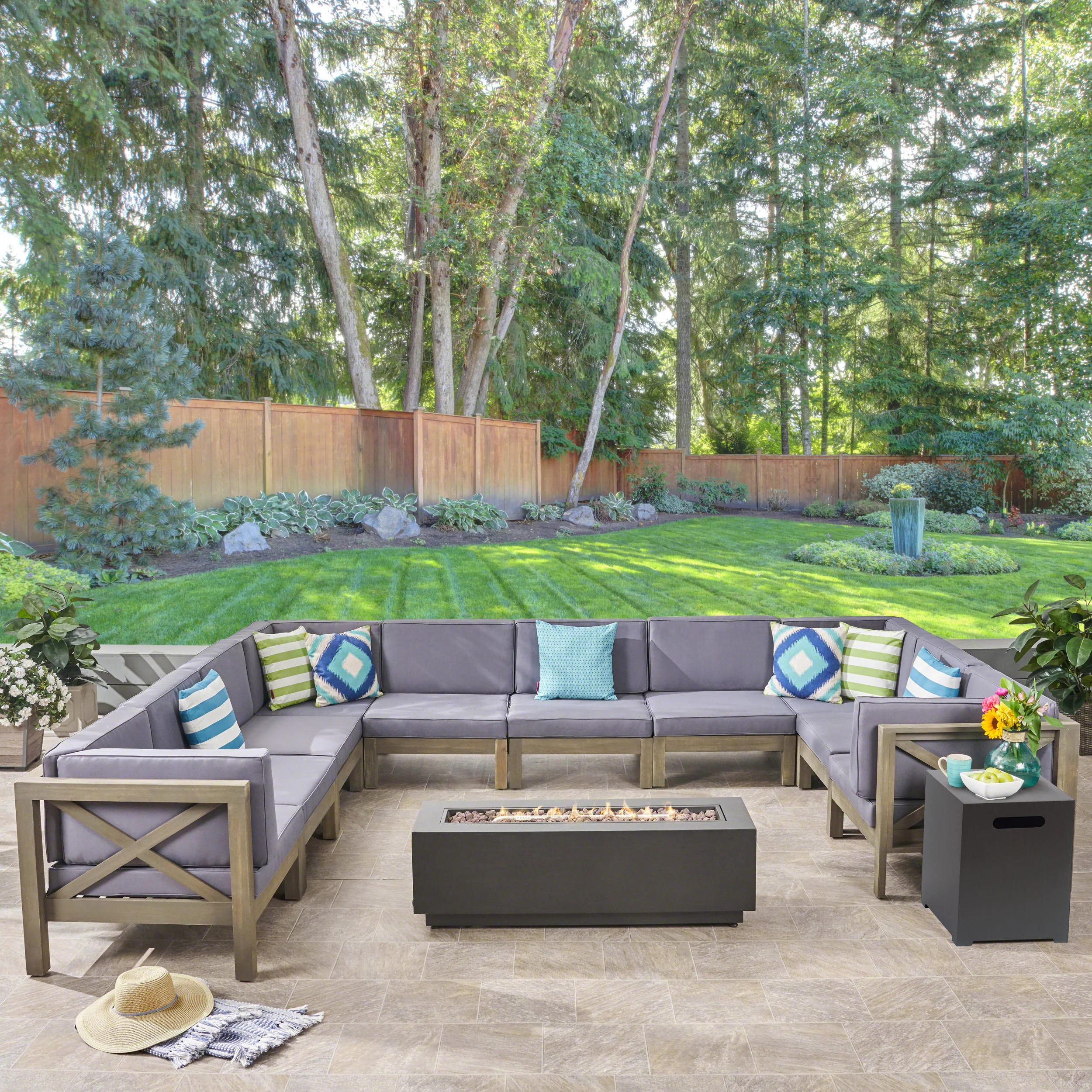 Lorelei Outdoor Acacia Wood 10 Seater U-Shaped Sectional Sofa Set with Fire Pit - furnishings