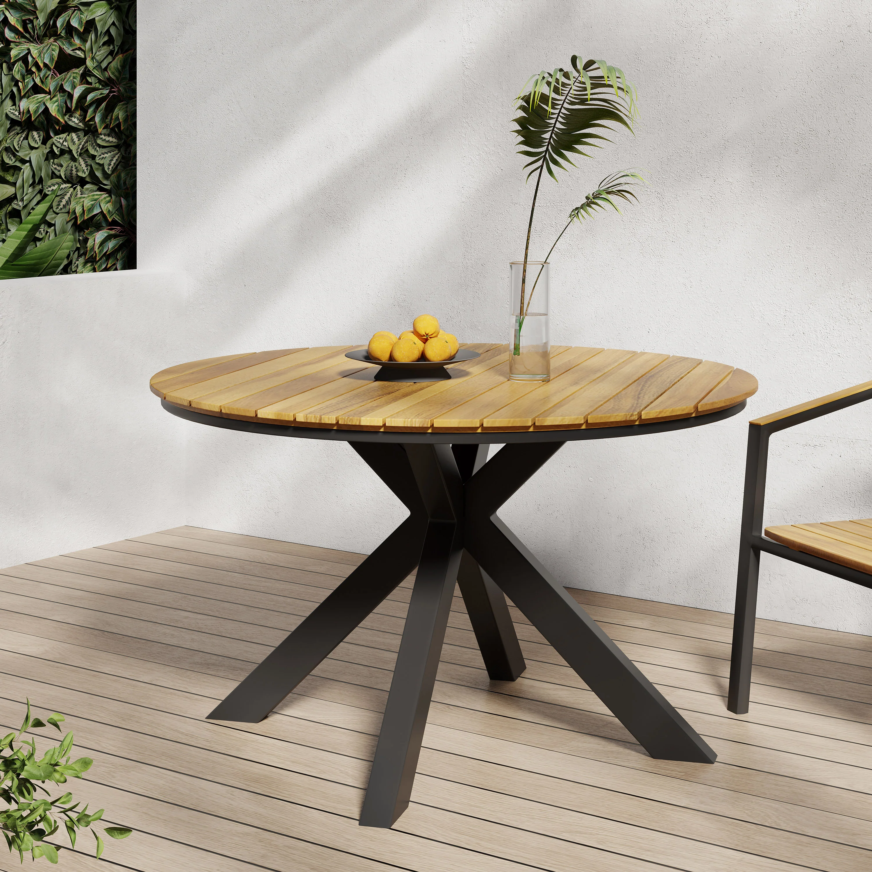 Mellie Outdoor Acacia Wood Circular Dining Table, Teak and Black - furnishings