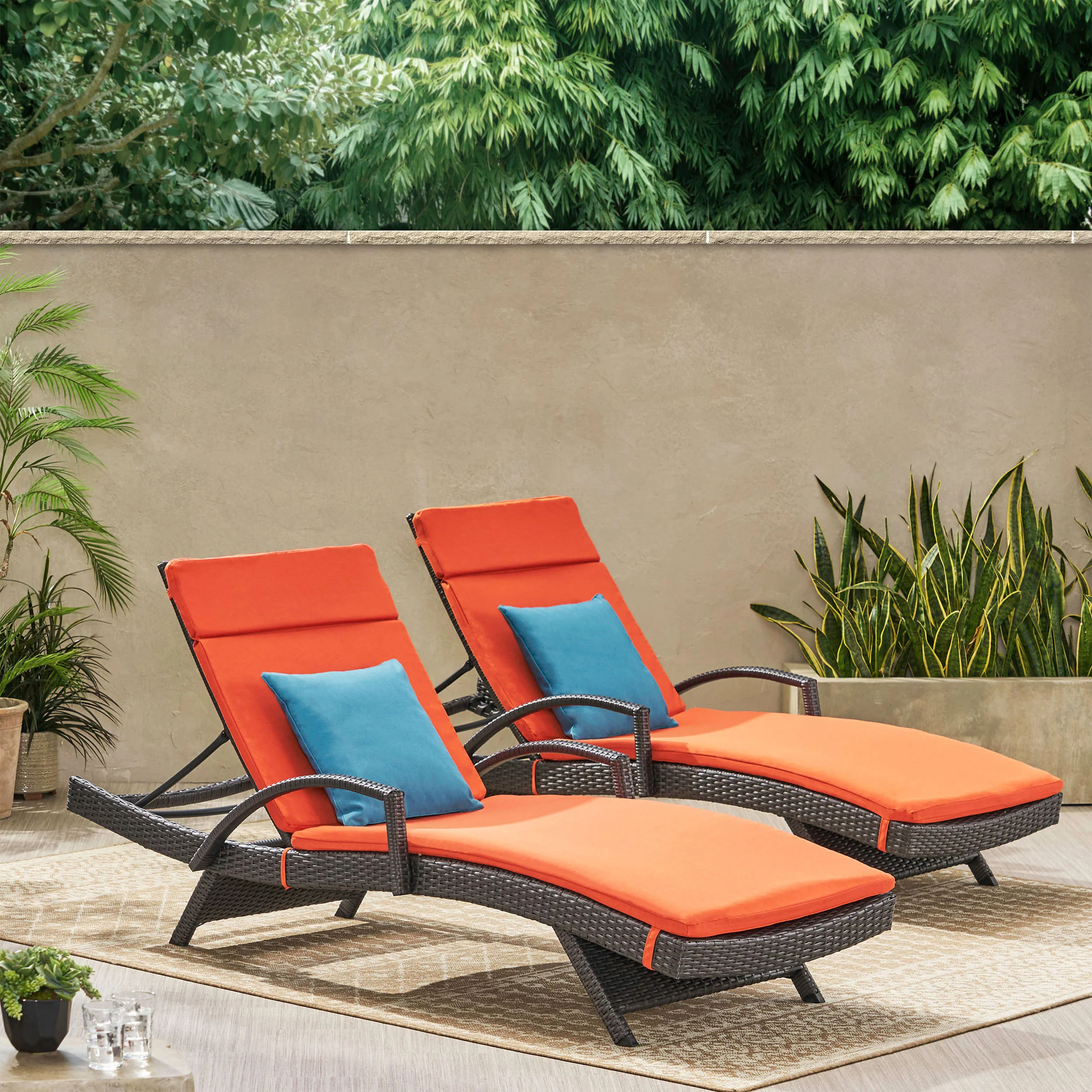 Soleil Outdoor Wicker Chaise Lounges w/ Water Resistant Cushions (Set of 2) - furnishings