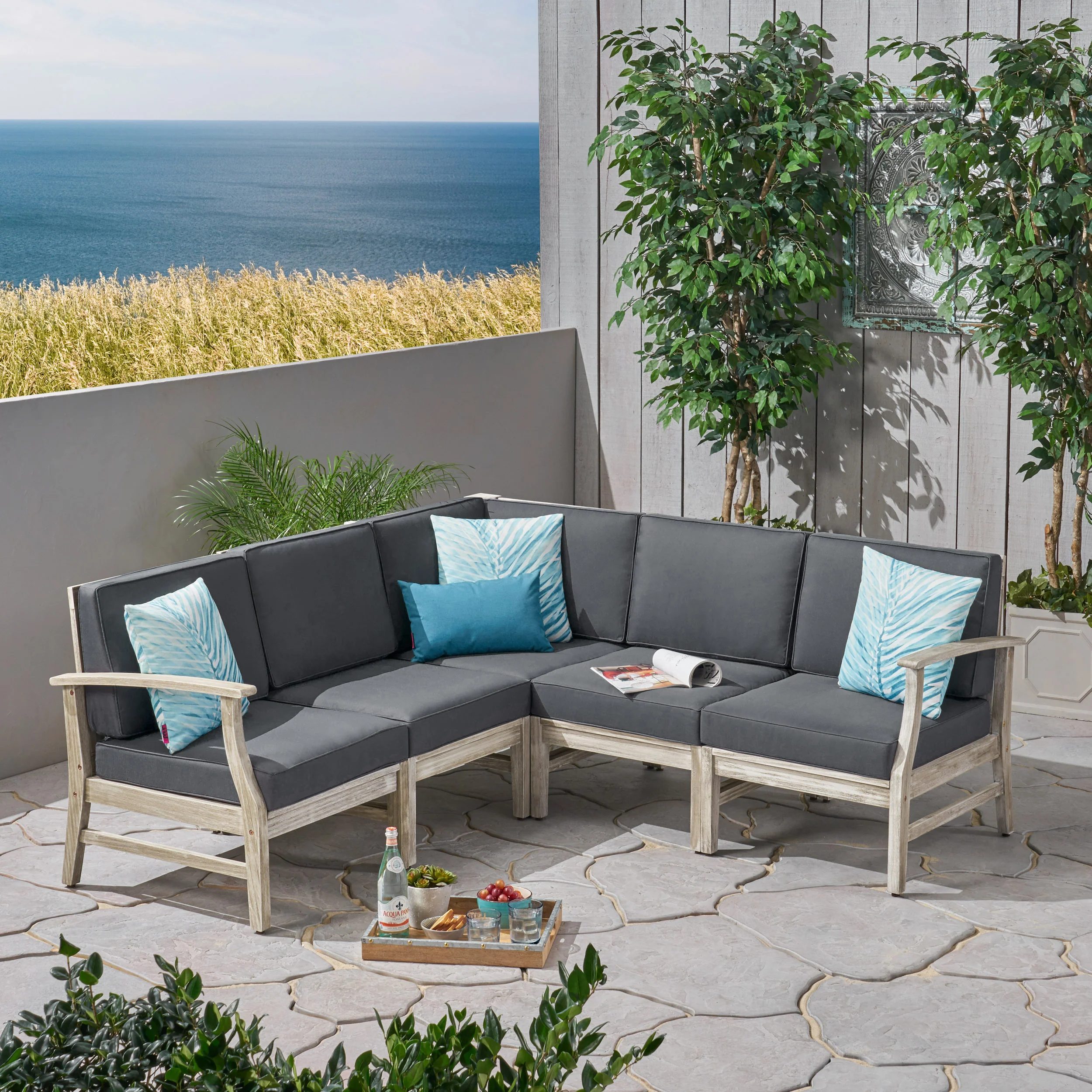 Capri Outdoor 5 Piece Acacia Wood Sectional Sofa Set - furnishings