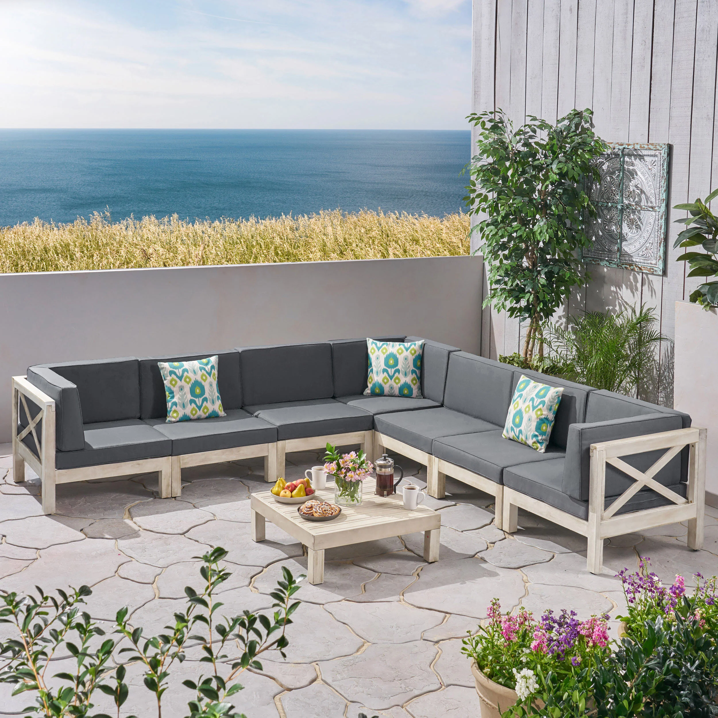 Dale Outdoor 7 Seater Acacia Wood Sectional Sofa Set - furnishings