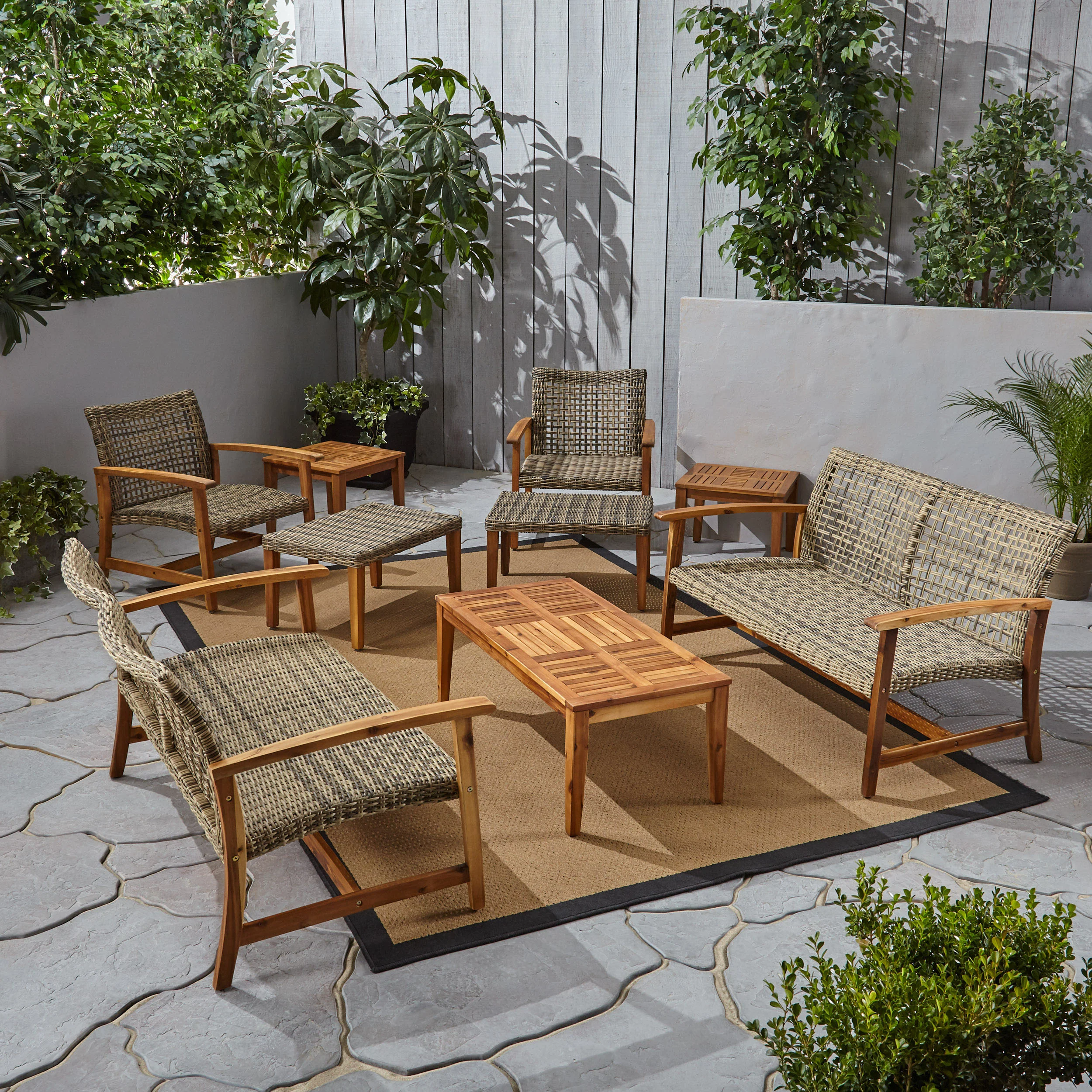 Alyssa Outdoor 9 Piece Wood and Wicker Chat Set - furnishings