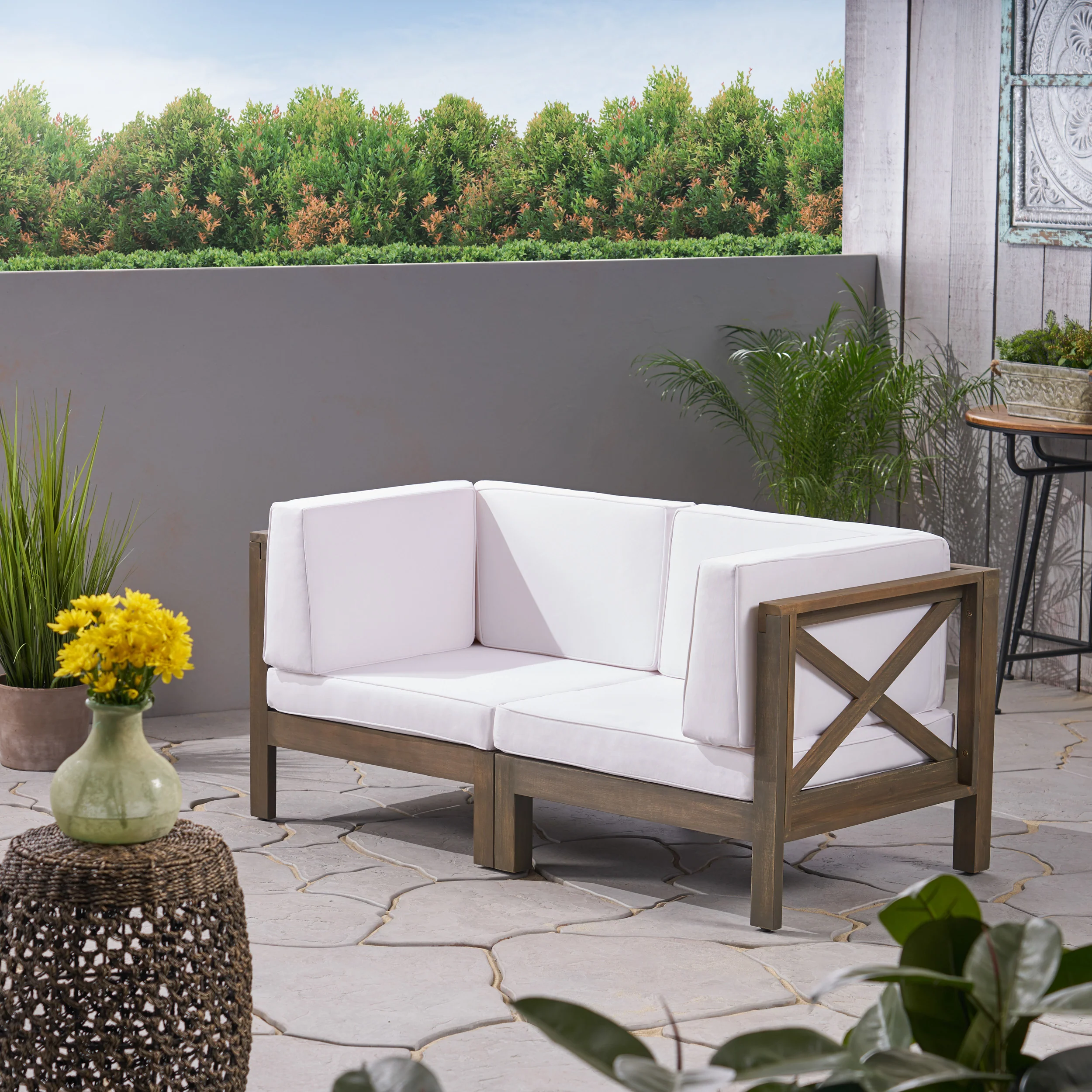 Keith Outdoor Sectional Loveseat Set  2-Seater  Acacia Wood  Water-Resistant Cushions - furnishings