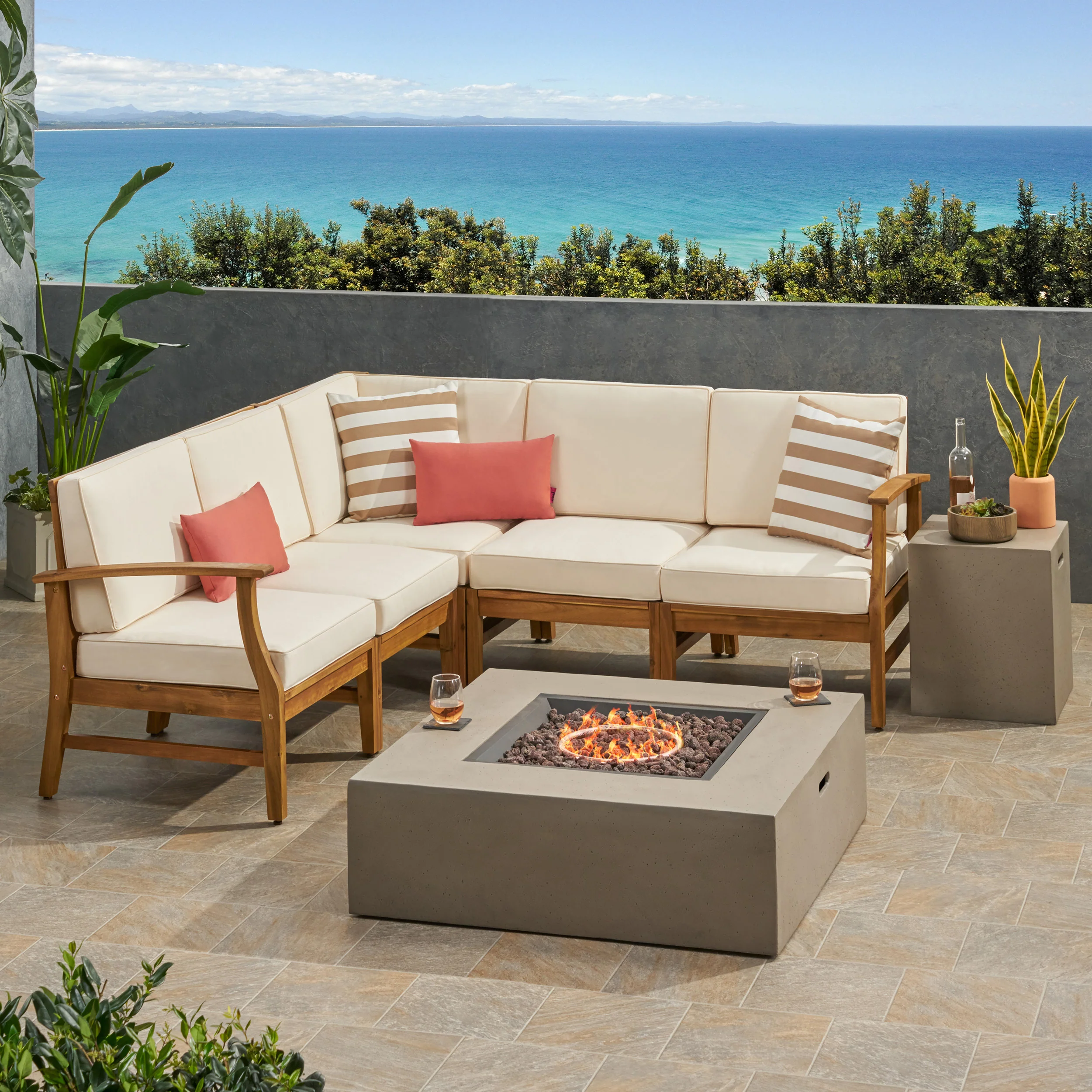 Nyeemah Outdoor 5 Seater V-Shaped Acacia Wood Sofa Set with Square Fire Table and Tank - furnishings