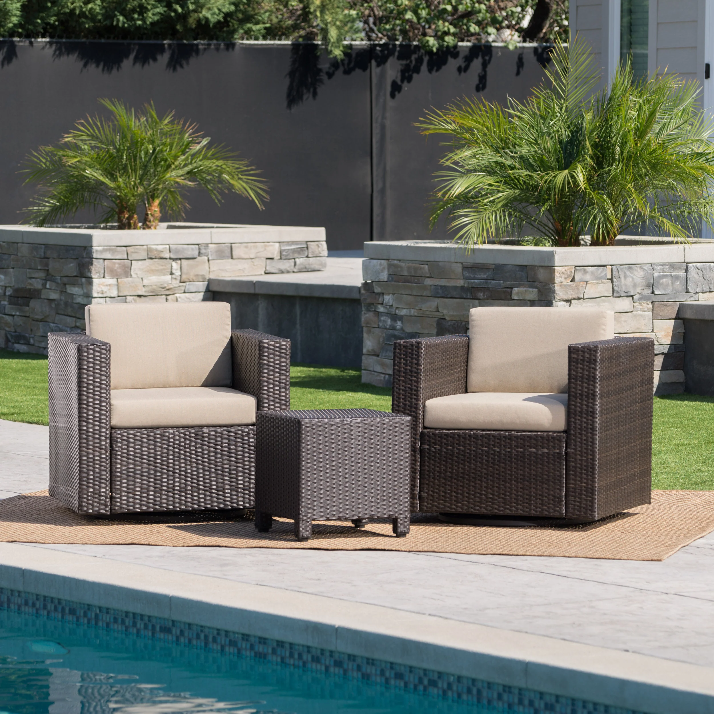 Venice 2-Seater Brown Wicker Outdoor Chat Set with Side Table - furnishings