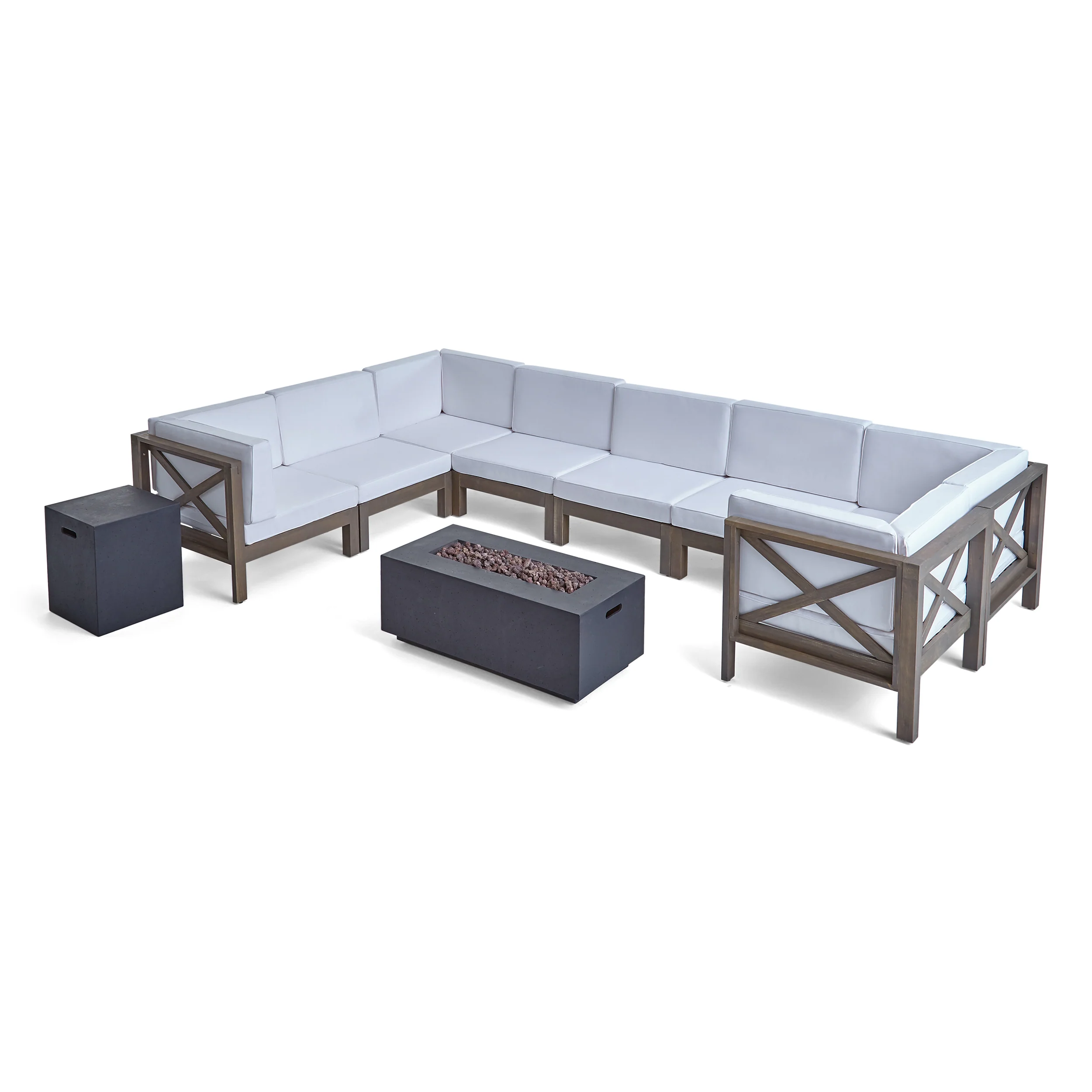 Cynthia Outdoor Acacia Wood 10-Piece U-Shaped Sectional Sofa Set with Fire Pit - furnishings
