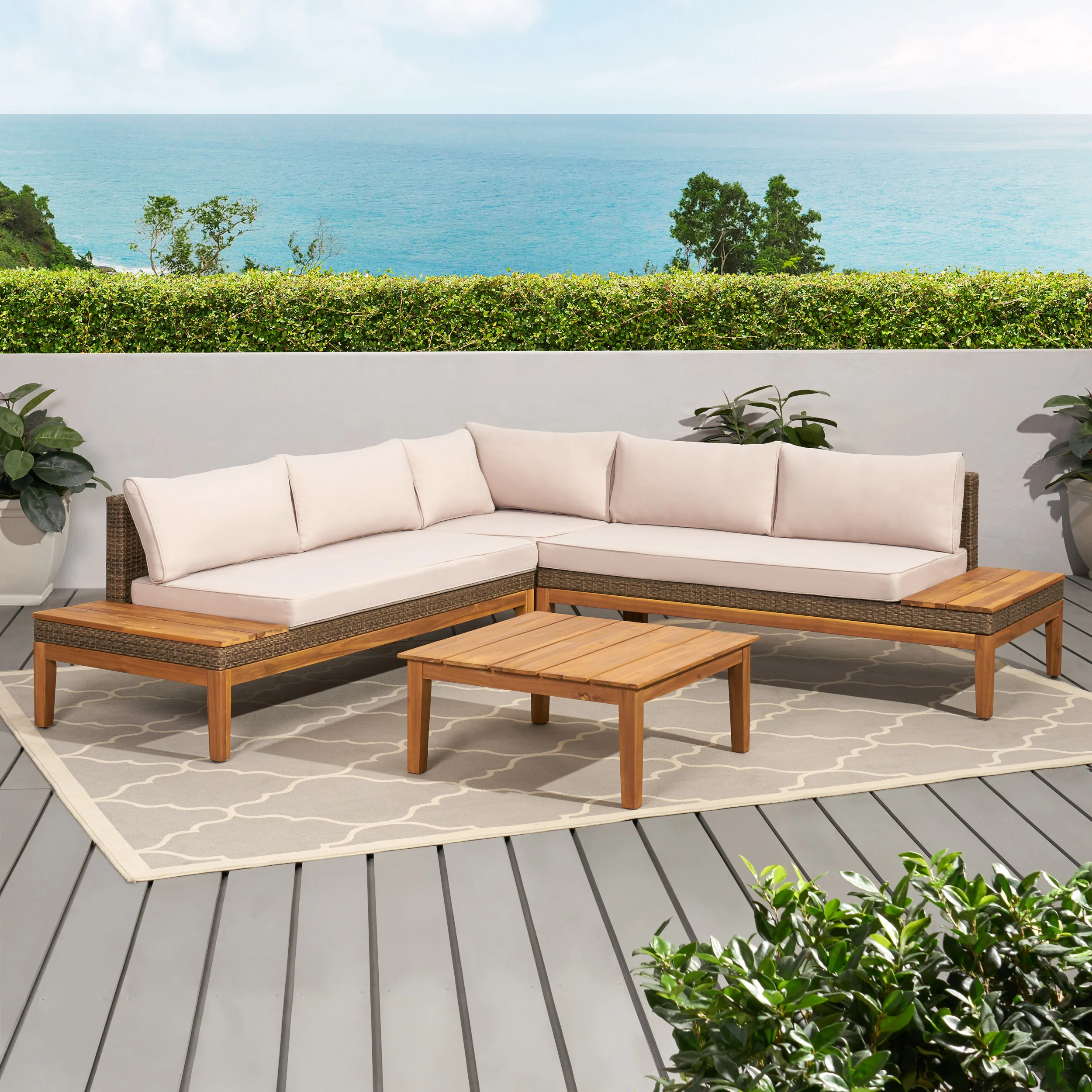 Emanuel Outdoor Acacia Wood and Wicker 5 Seater Sectional Sofa Set with Water-Resistant Cushions - furnishings