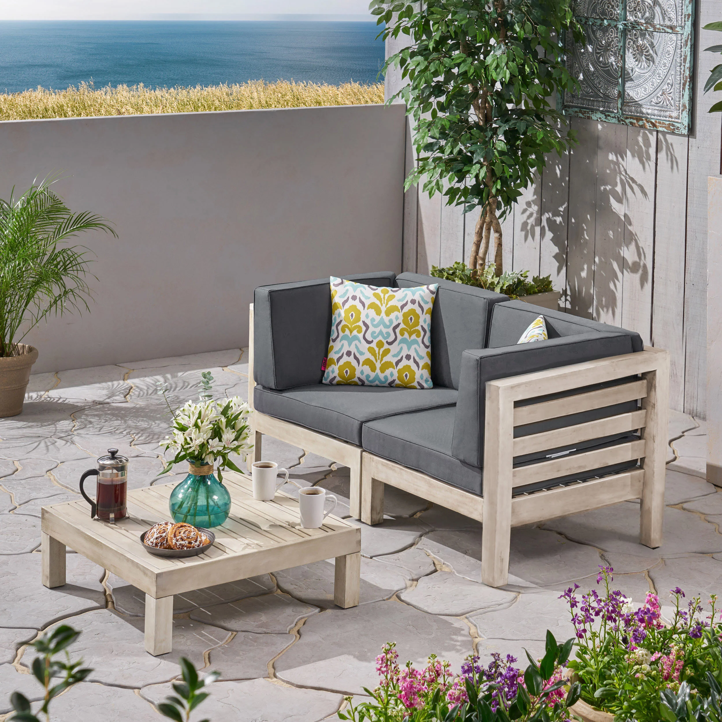 Dawson Outdoor Sectional Love Seat Set with Coffee Table - 3-Piece 2-Seater - Acacia Wood - Outdoor Cushions - furnishings