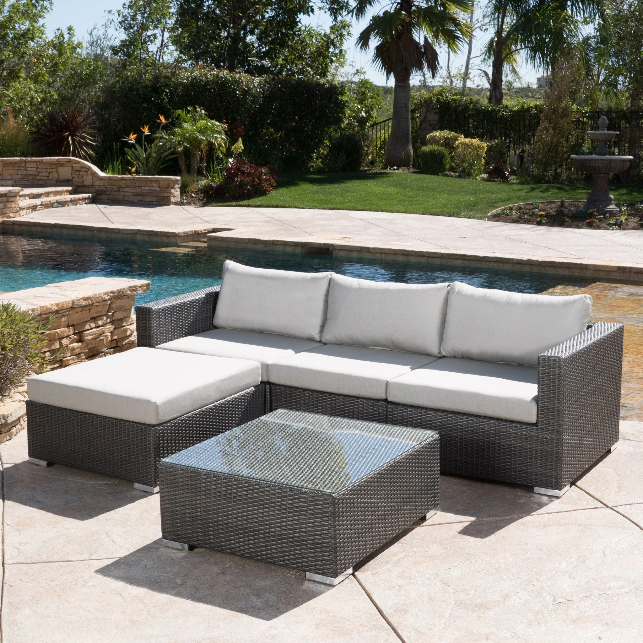 Francisco 5pc Outdoor Gray Wicker Seating Sectional Set w/ Cushions - furnishings