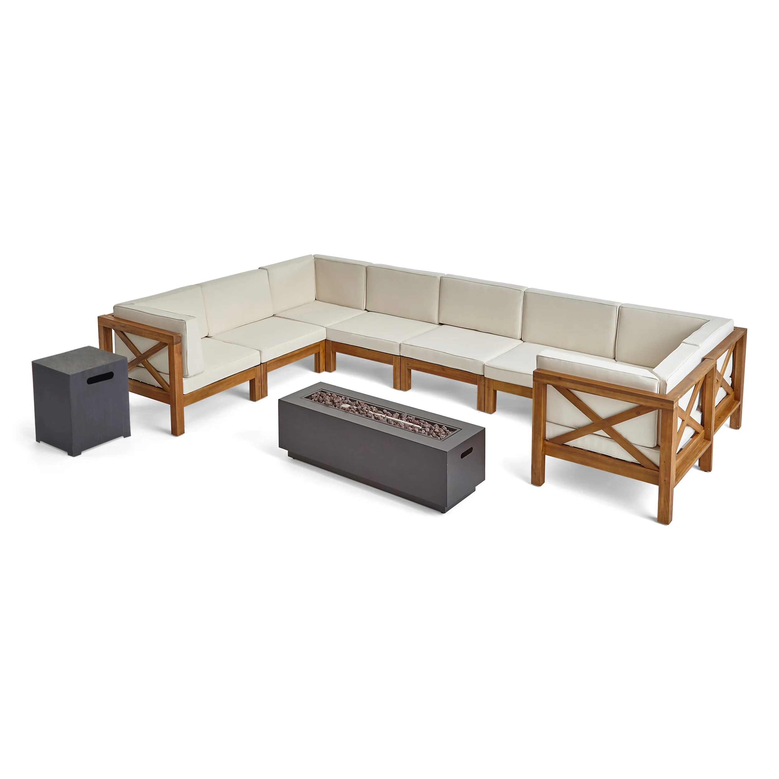 Muriel Outdoor Farmhouse Acacia Wood 8 Seater U-Shaped Sectional Sofa Set with Fire Pit - furnishings