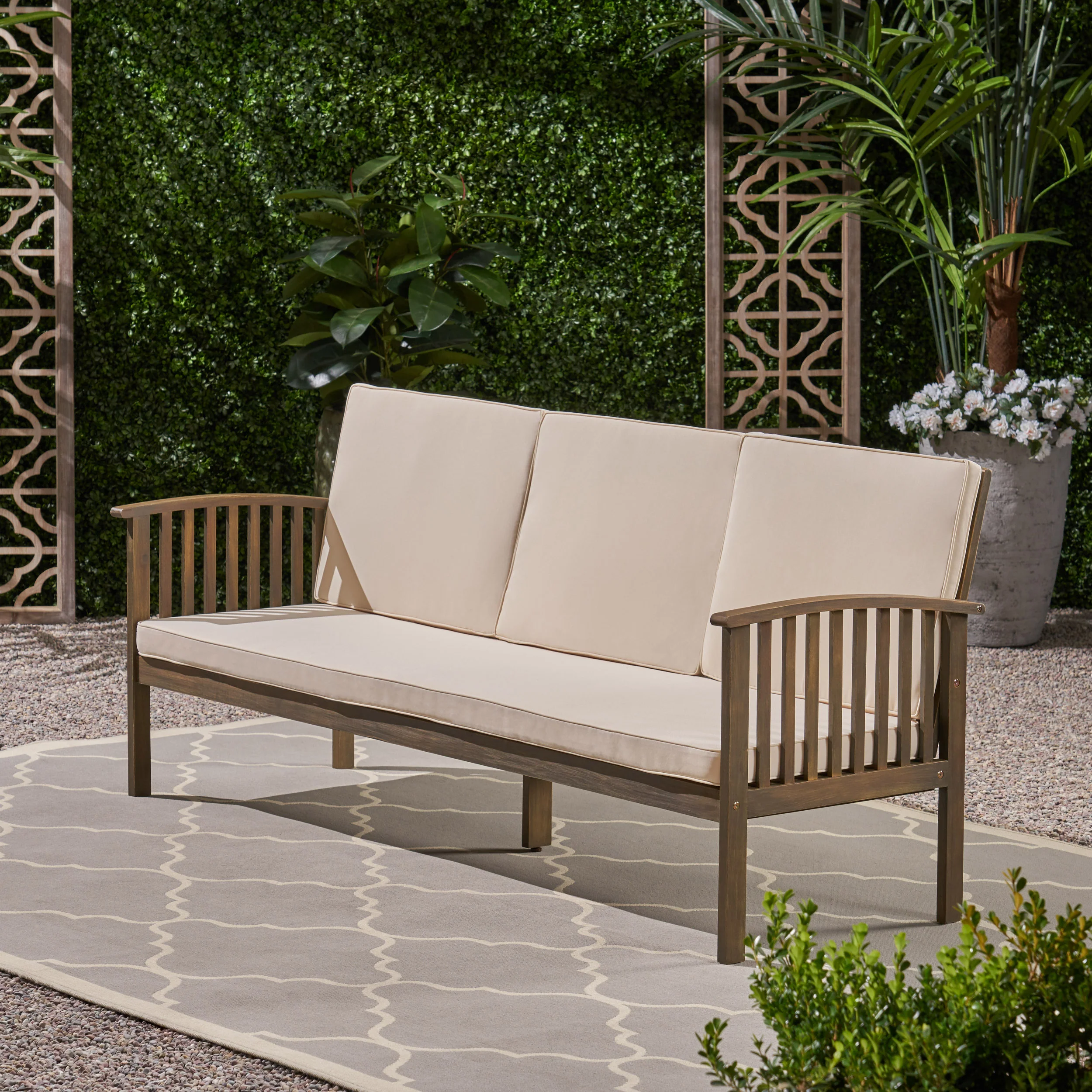 Cape Outdoor Open Slat Acacia Wood 3-Seater Sofa w/ Water-Resistant Cushions - furnishings