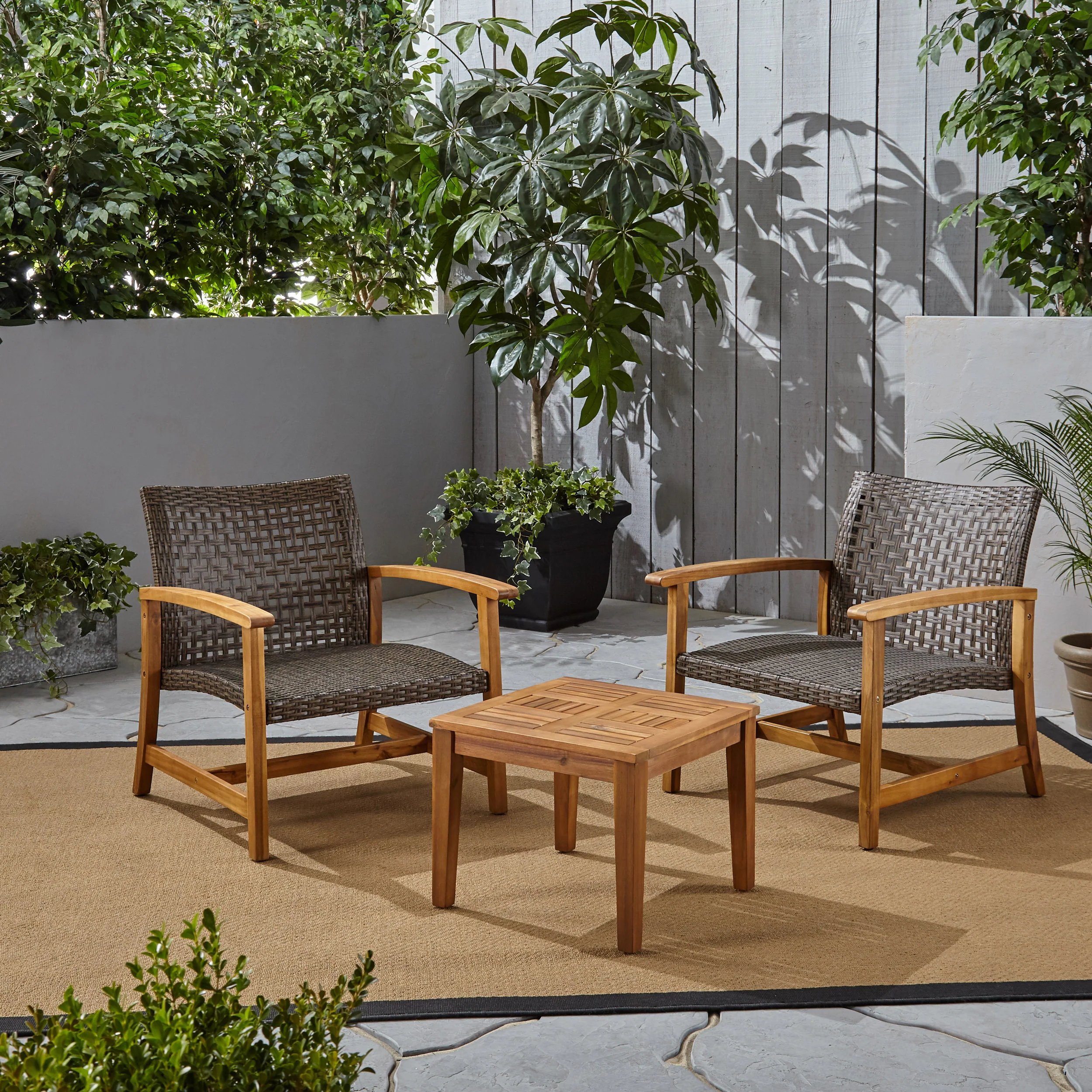 Alyssa Outdoor 3 Piece Wood and Wicker Club Chairs and Side Table Set - furnishings