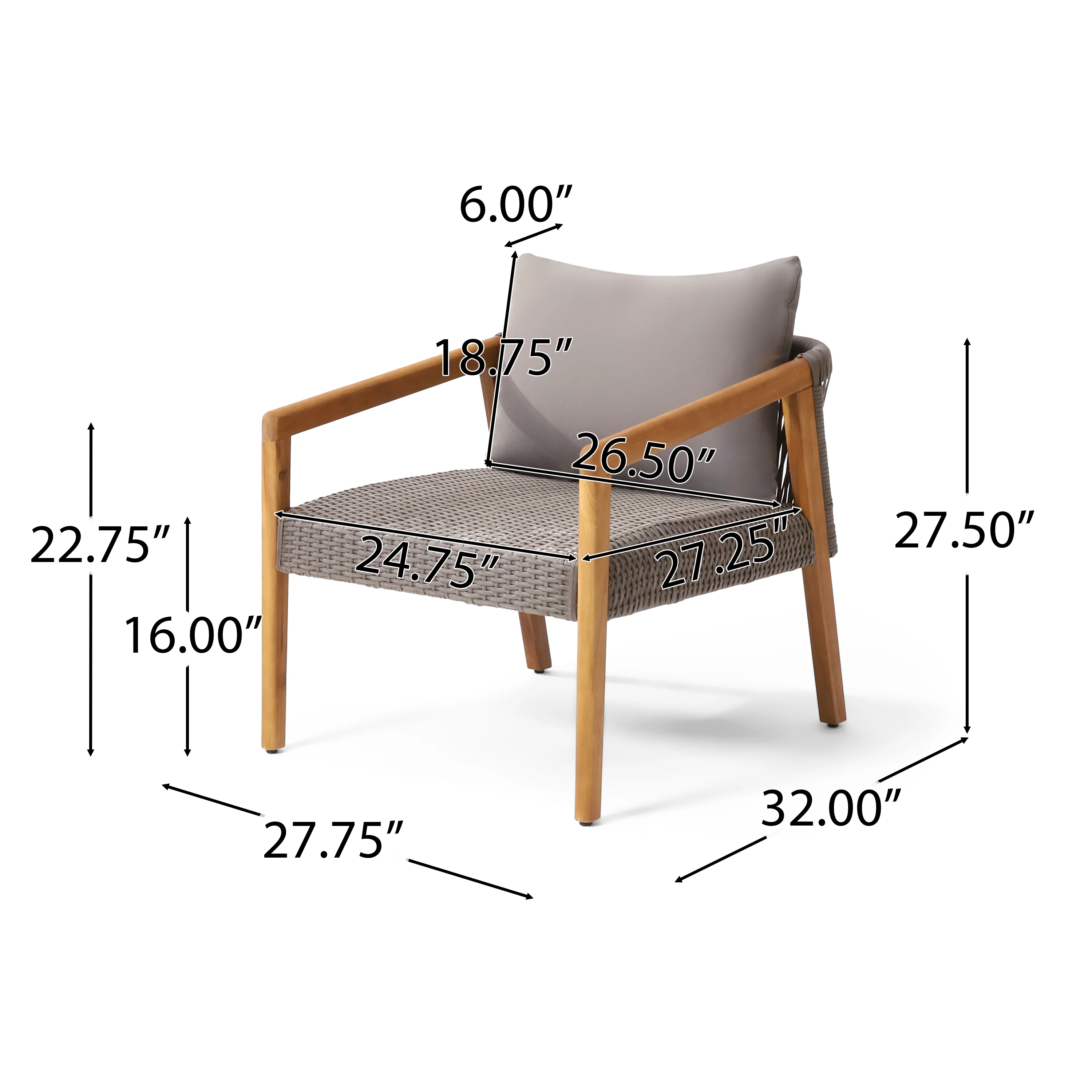 Breck Outdoor Acacia Wood and Wicker Club Chairs with Cushion, Set of 2, Teak and Gray - furnishings
