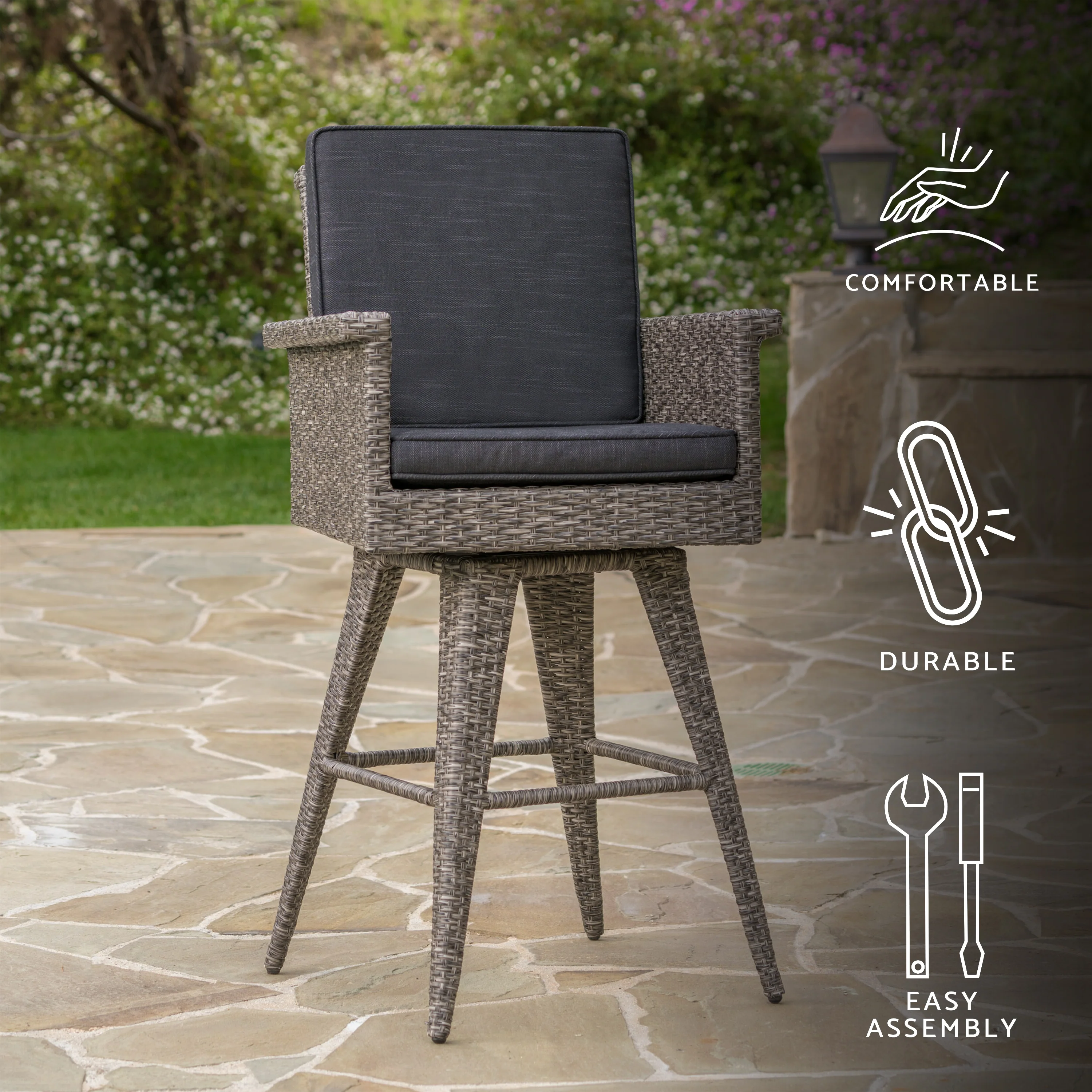 Elysium 30-Inch Outdoor Wicker Barstool with Water Resistant Cushions - furnishings