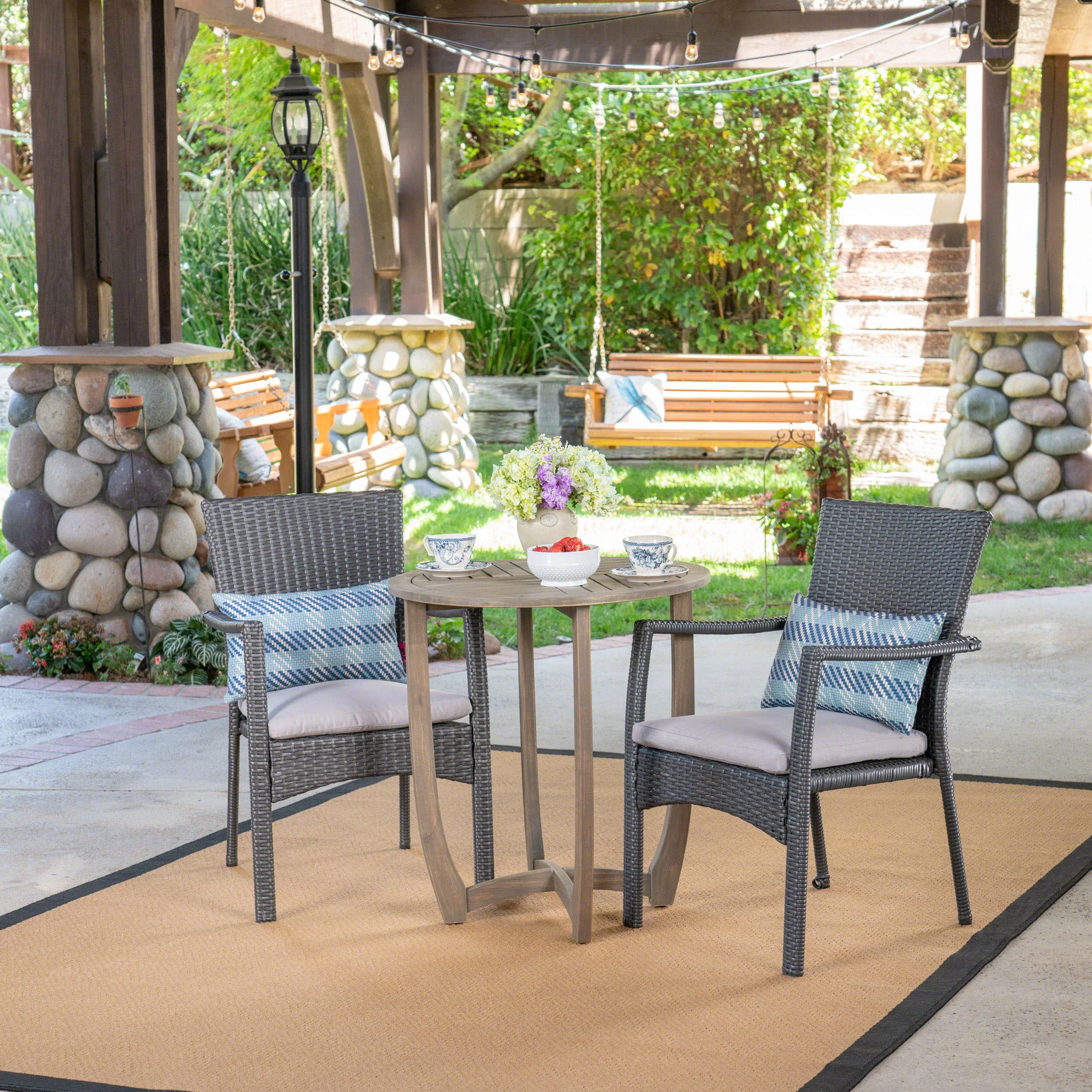 Leyam Outdoor 3 Piece Wood and Wicker Bistro Set, Gray and Gray - furnishings