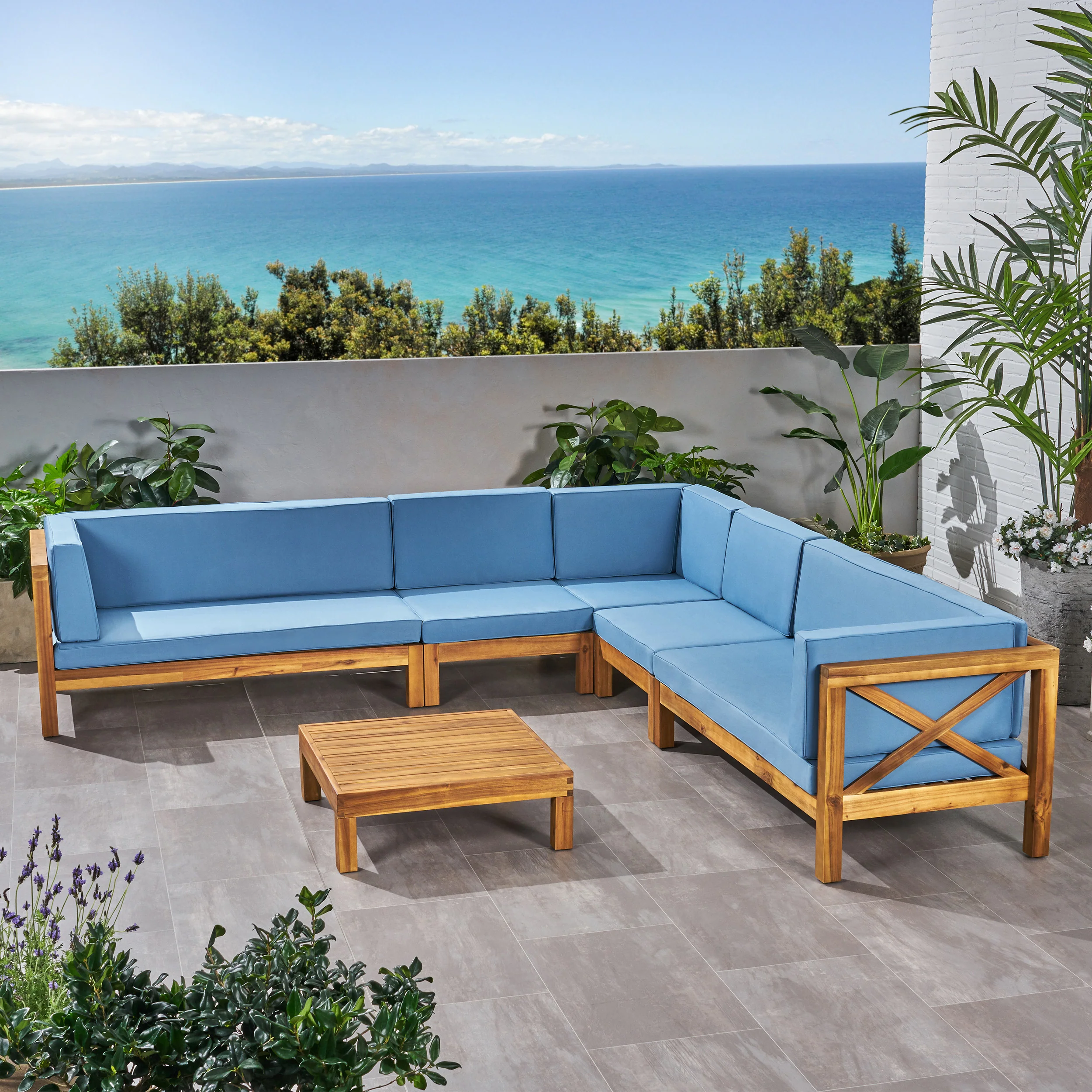 Cynthia Outdoor 7 Seater Acacia Wood Sectional Sofa Set - furnishings