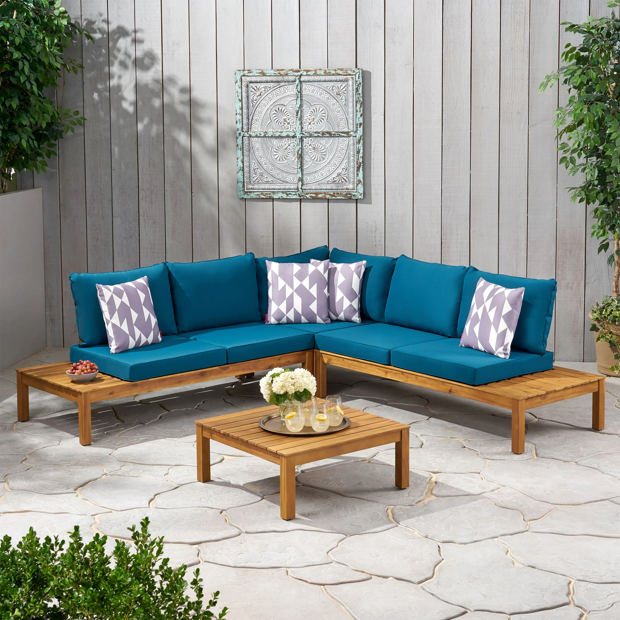 Vashti Outdoor 5 Seater V Shaped Acacia Wood Sectional Sofa Set with Cushions - furnishings