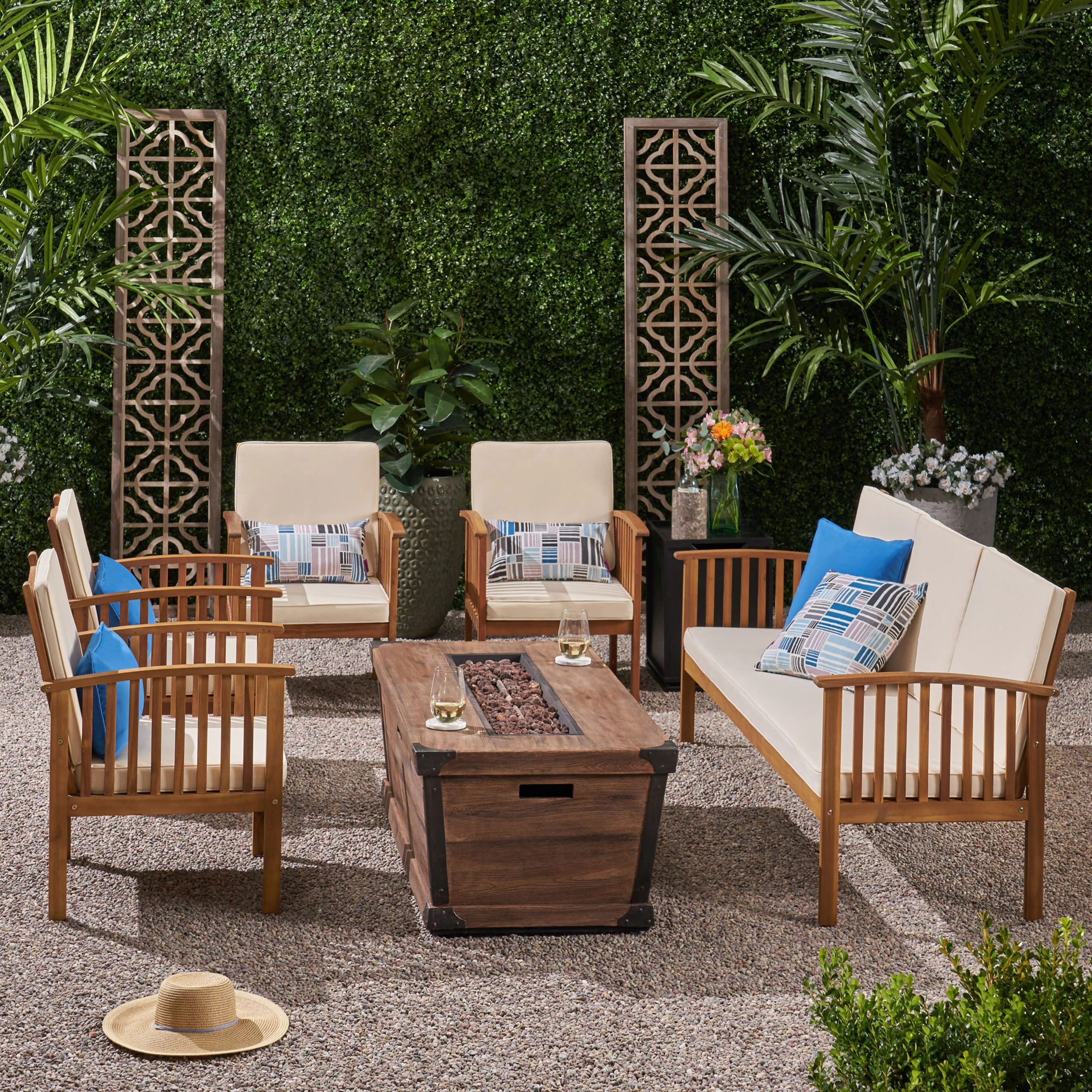 Beckley Outdoor 5 Piece Acacia Wood Conversational Set with Cushions and Fire Pit - furnishings