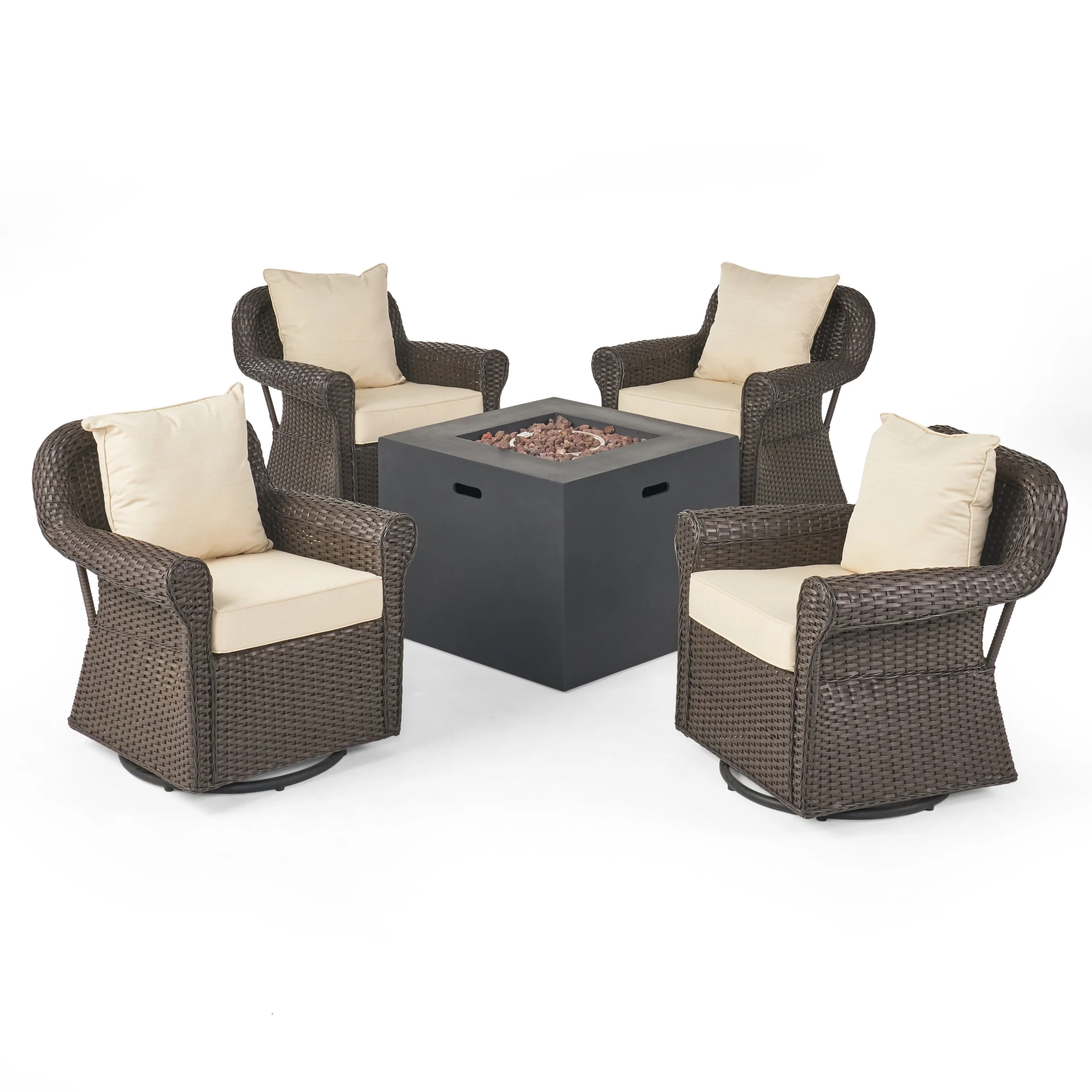Lustar Outdoor 4 Piece Swivel Club Chair Set with Square Fire Pit - furnishings