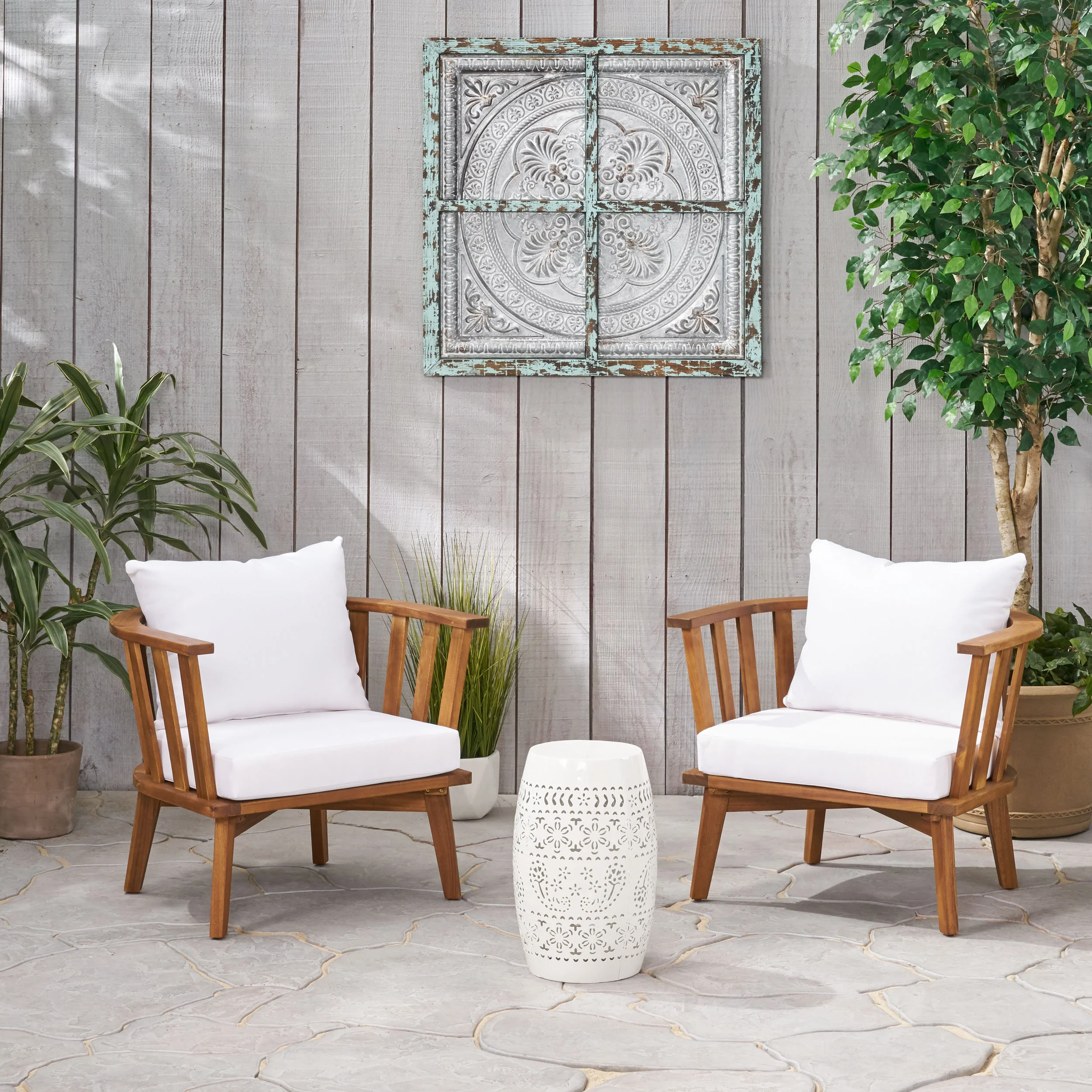 Bblythe Outdoor Acacia Wood 2 Seater Club Chairs and Side Table Set - furnishings