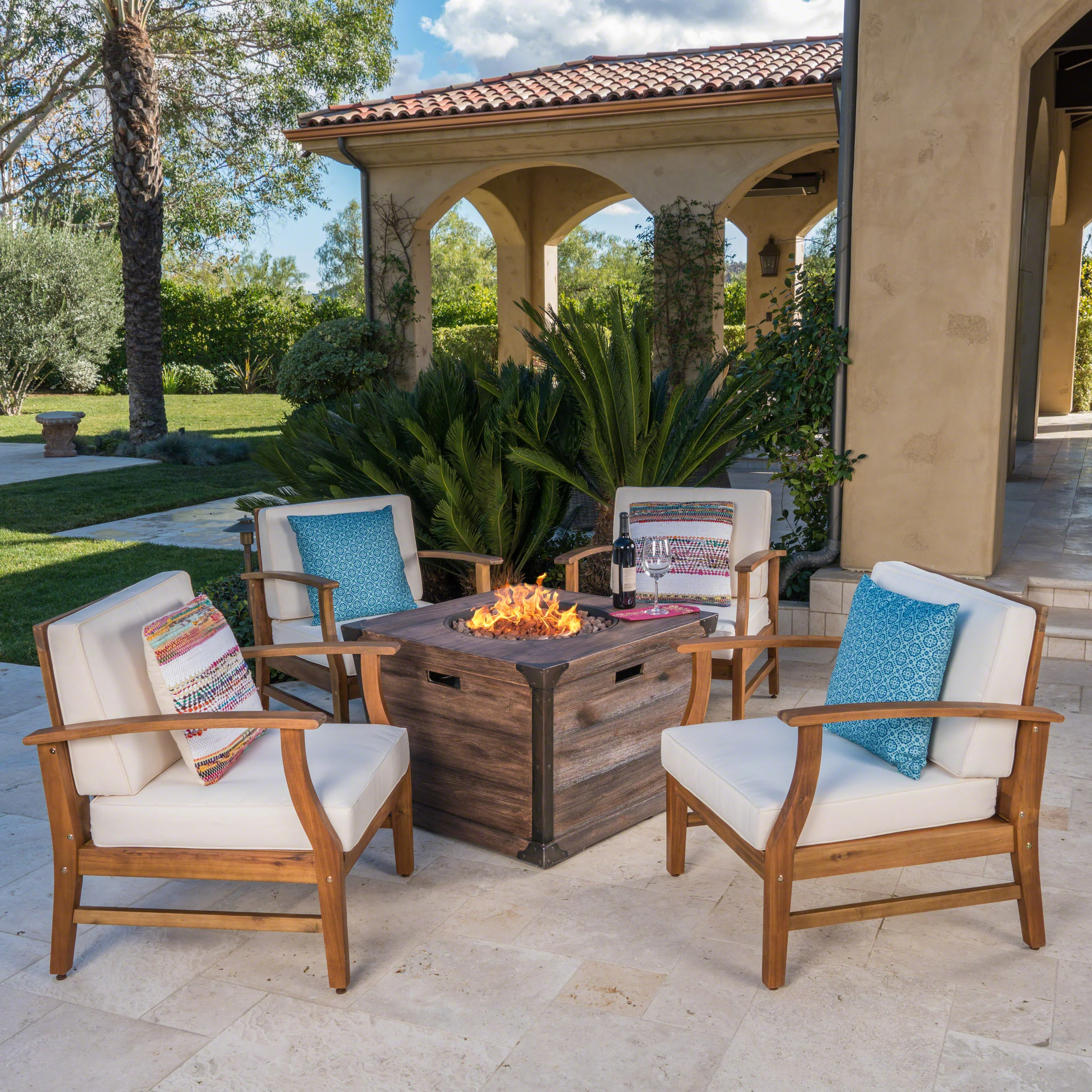 Belle Outdoor 4 Seat Fire Pit Chat Set with Teak Finished Acacia Wood Club Chairs - furnishings